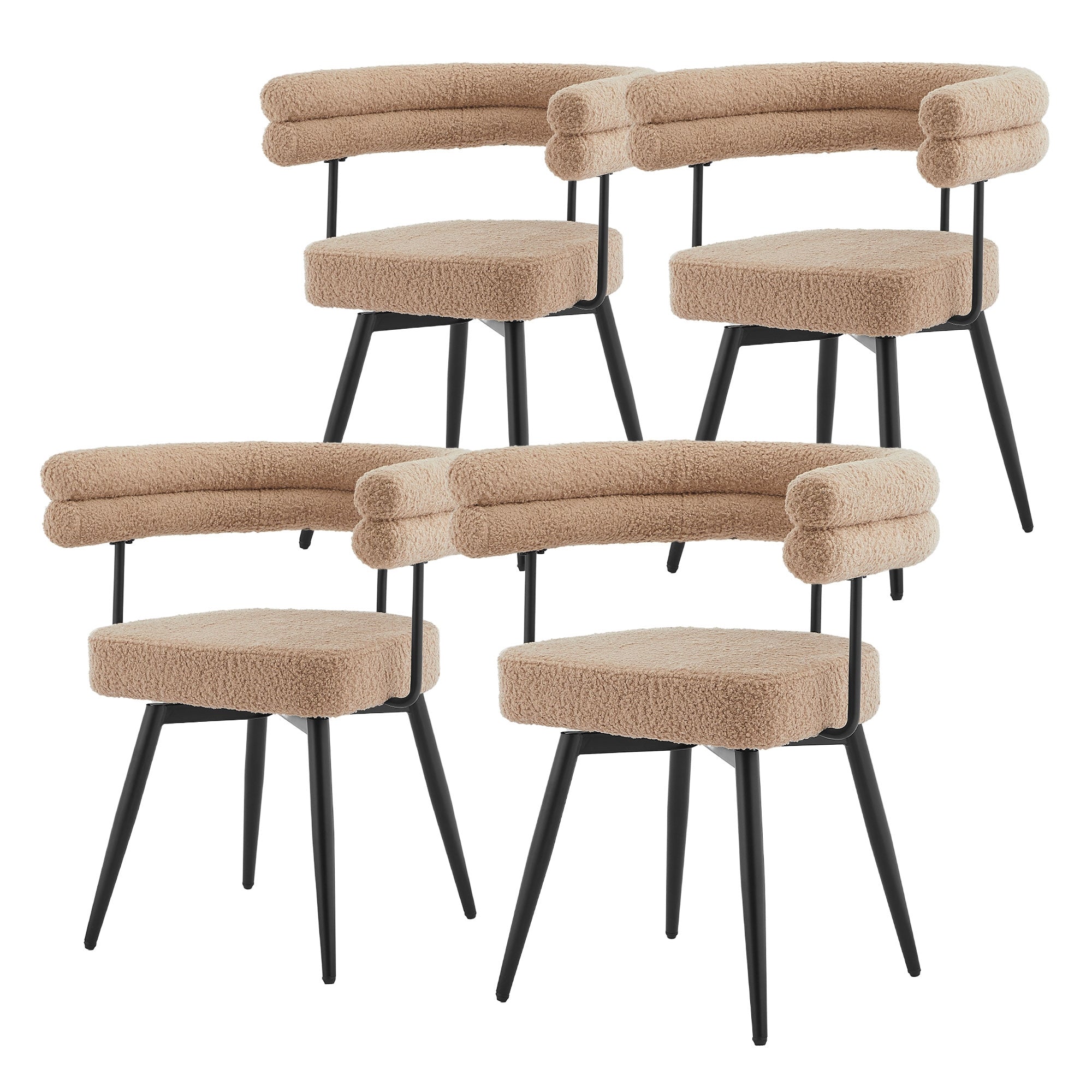 Quattro sedie beige con schienali imbottiti su gambe nere.