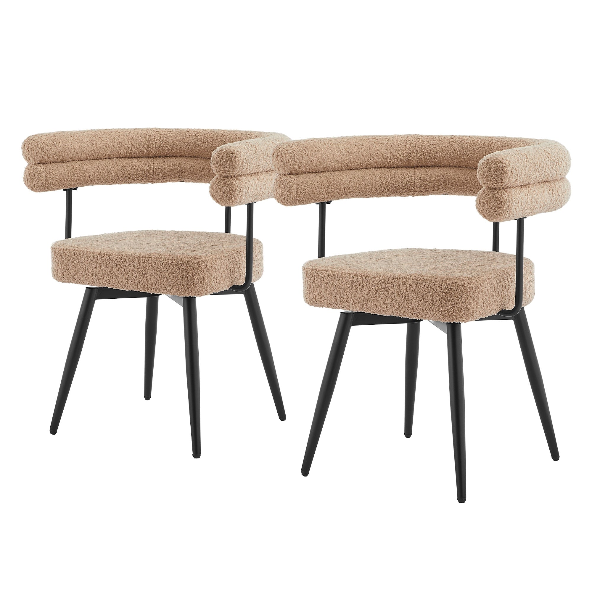 Due sedie beige con schienali imbottiti e gambe nere.