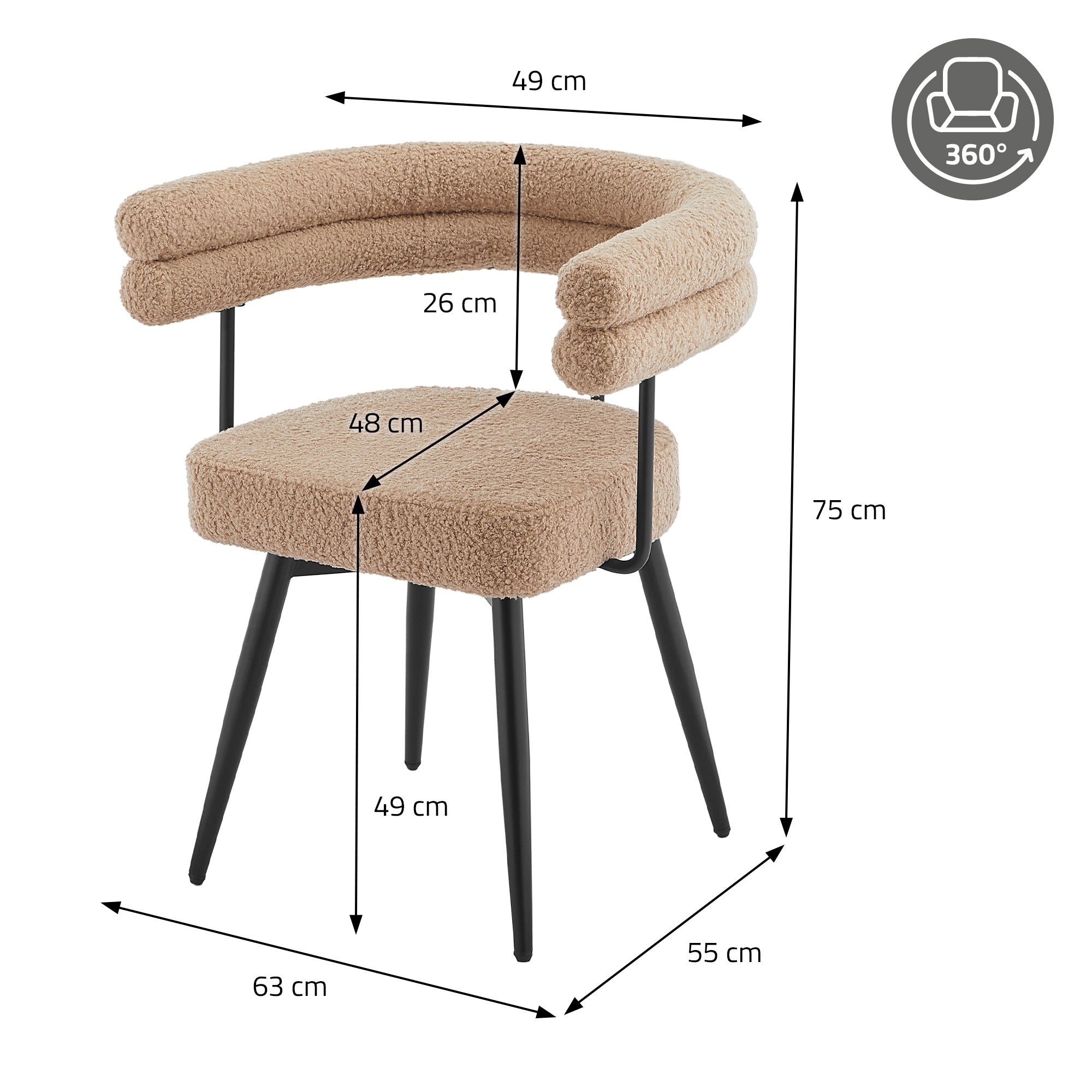 Sedia beige con braccioli rotondi, misure in cm.