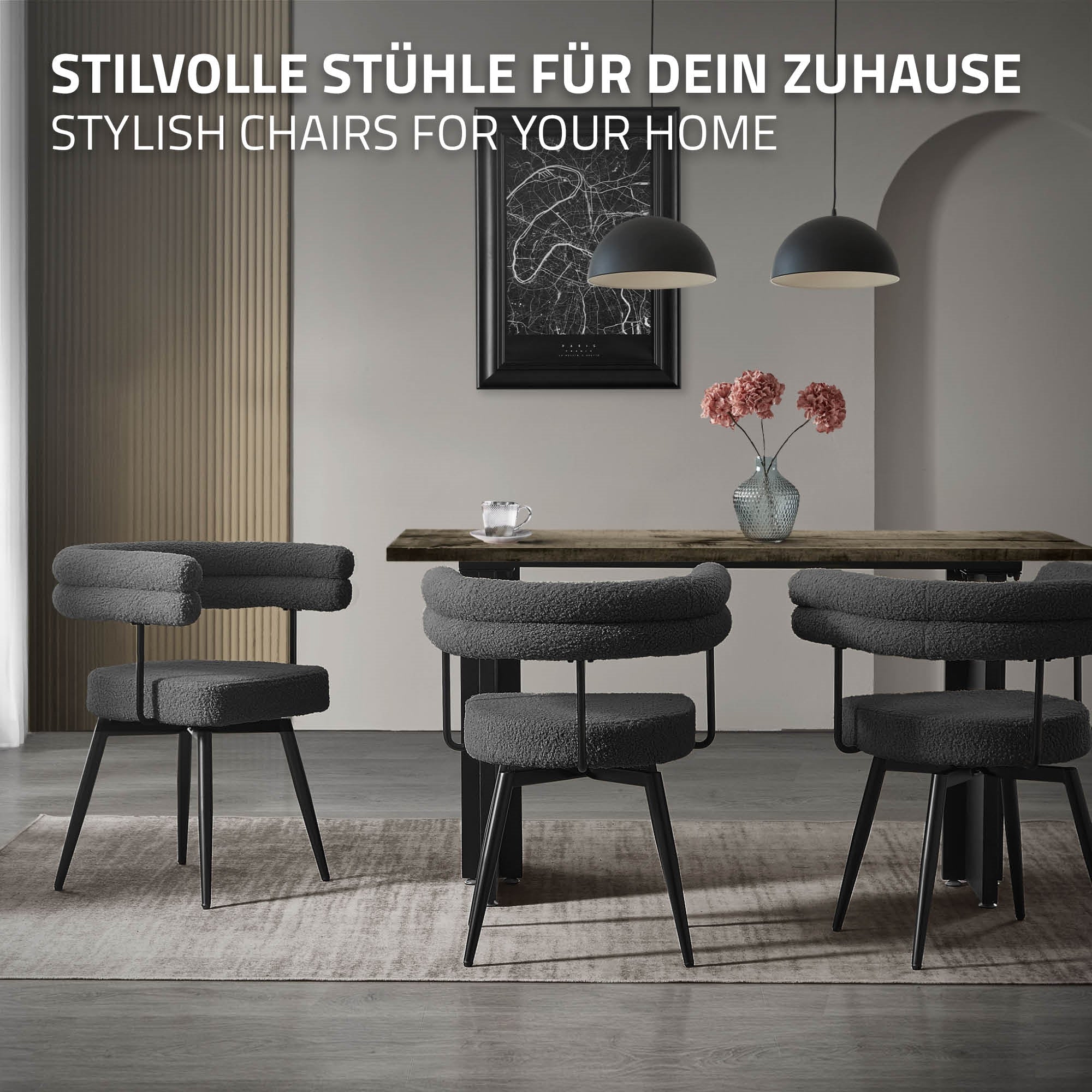Modern szürke étkezőszékek egy asztal körül, dekorációval.
