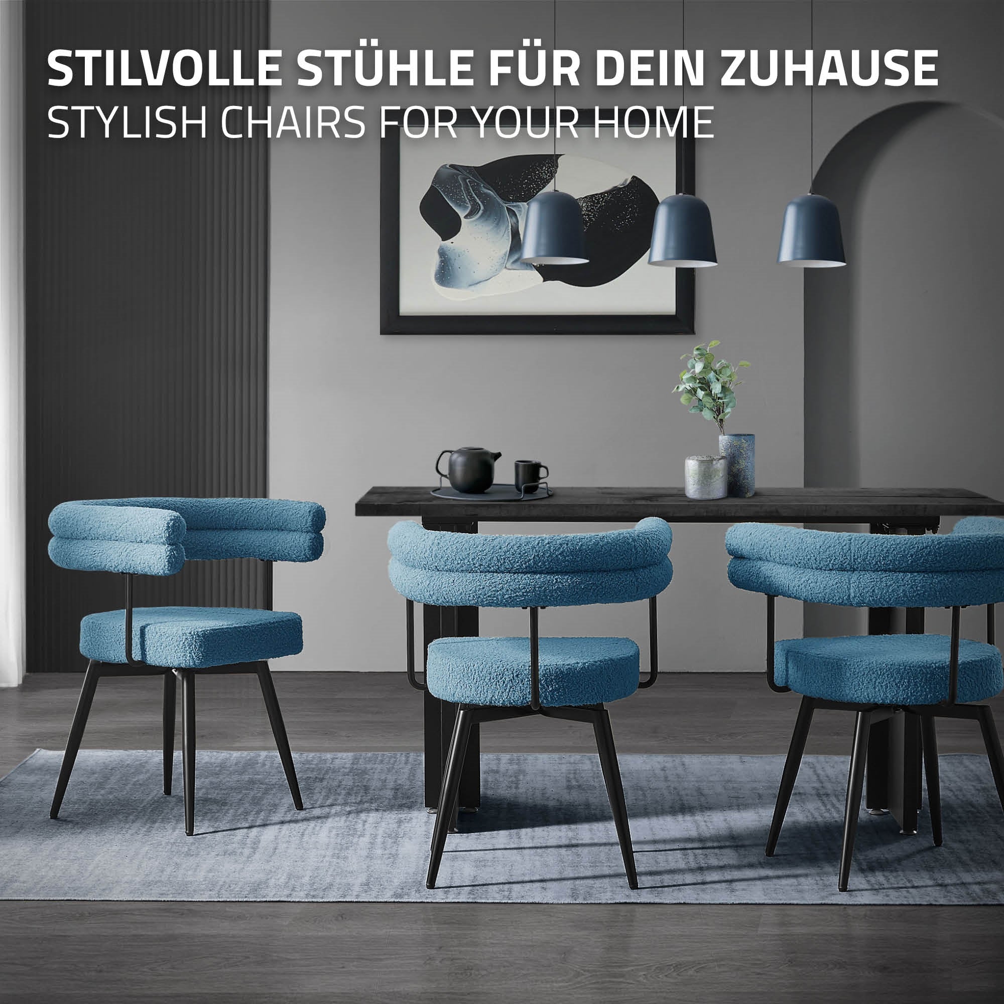 Salle à manger avec des chaises bleues et une table, éclairage moderne en arrière-plan.