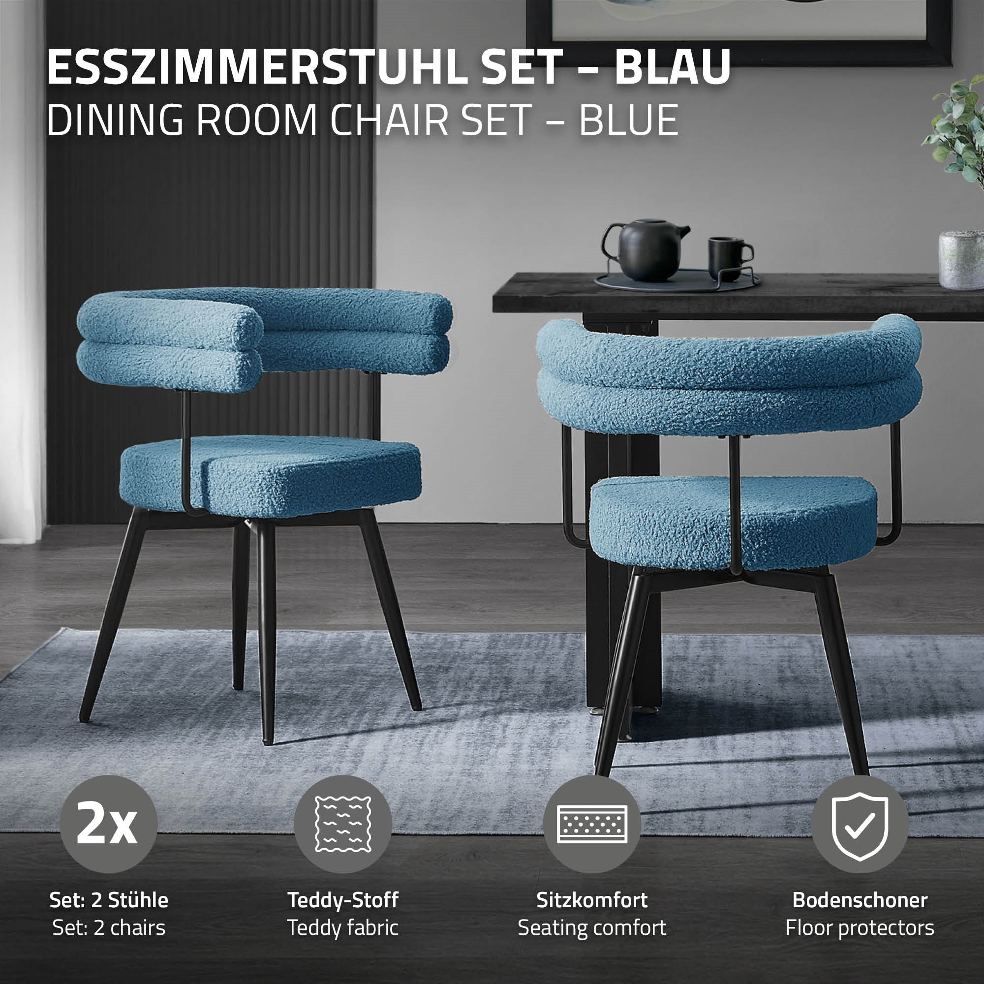 Blaues Esszimmerstuhl-Set, Beschreibung und Merkmale auf grauem Hintergrund.