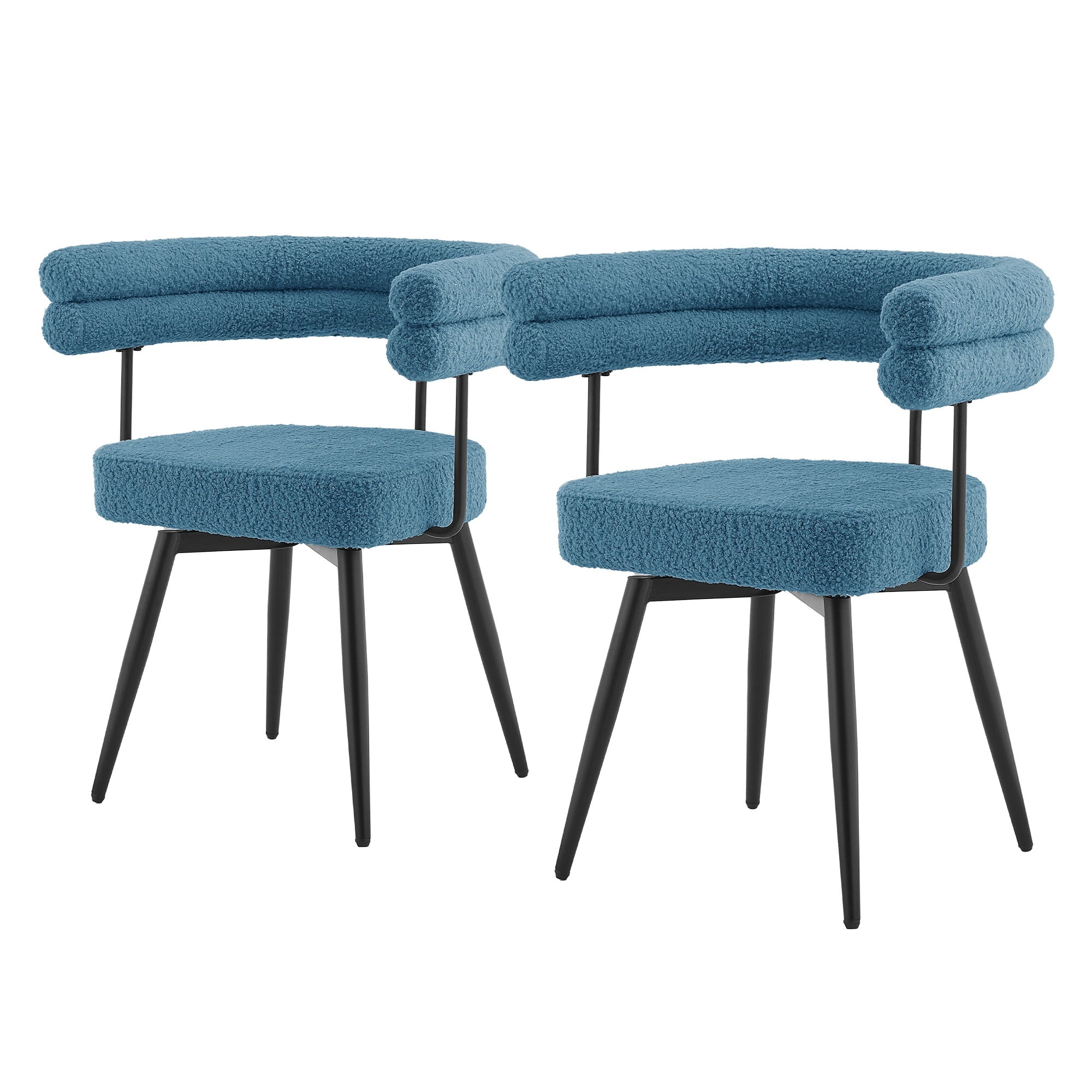Zwei blaue Esszimmerstühle mit runden Rückenlehnen und schwarzen Beinen.