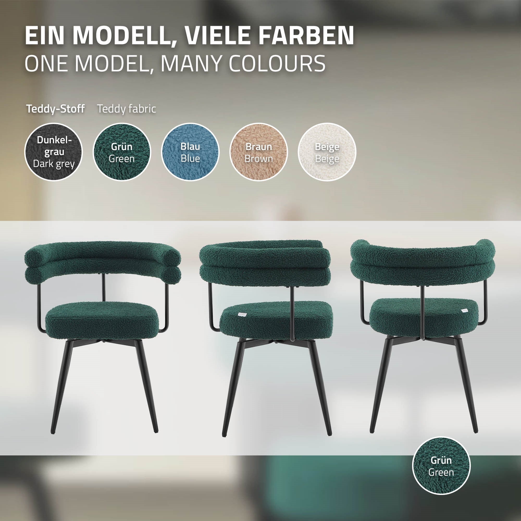 Drei Stühle in verschiedenen Farben: grün, blau und braun auf einem hellen Hintergrund.