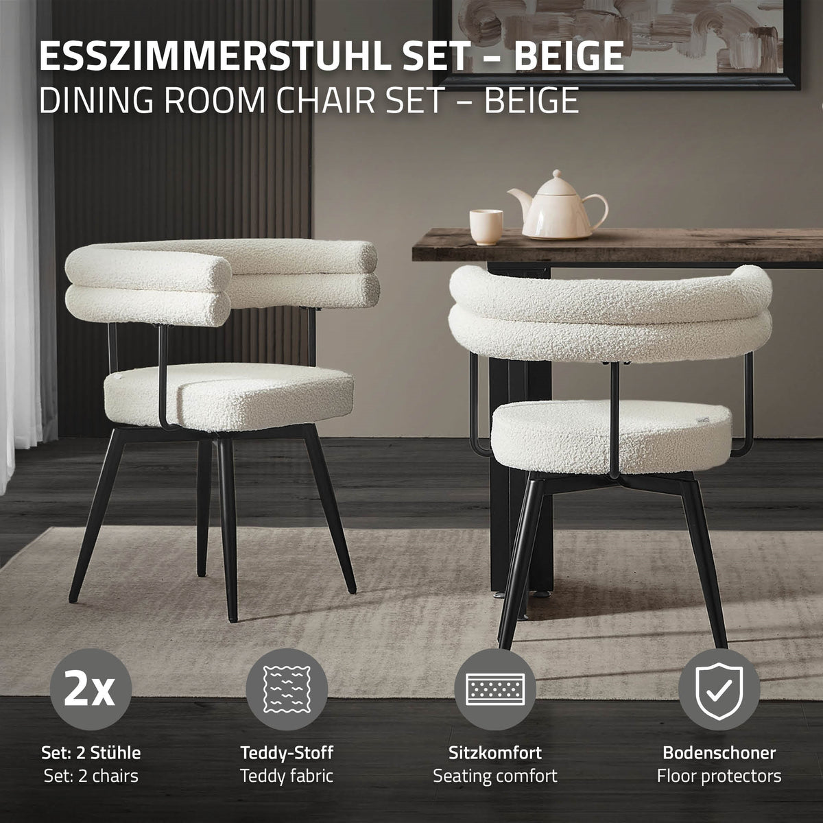 Zwei beigen Esszimmerstühle auf einem Tisch, mit Textbeschreibung.