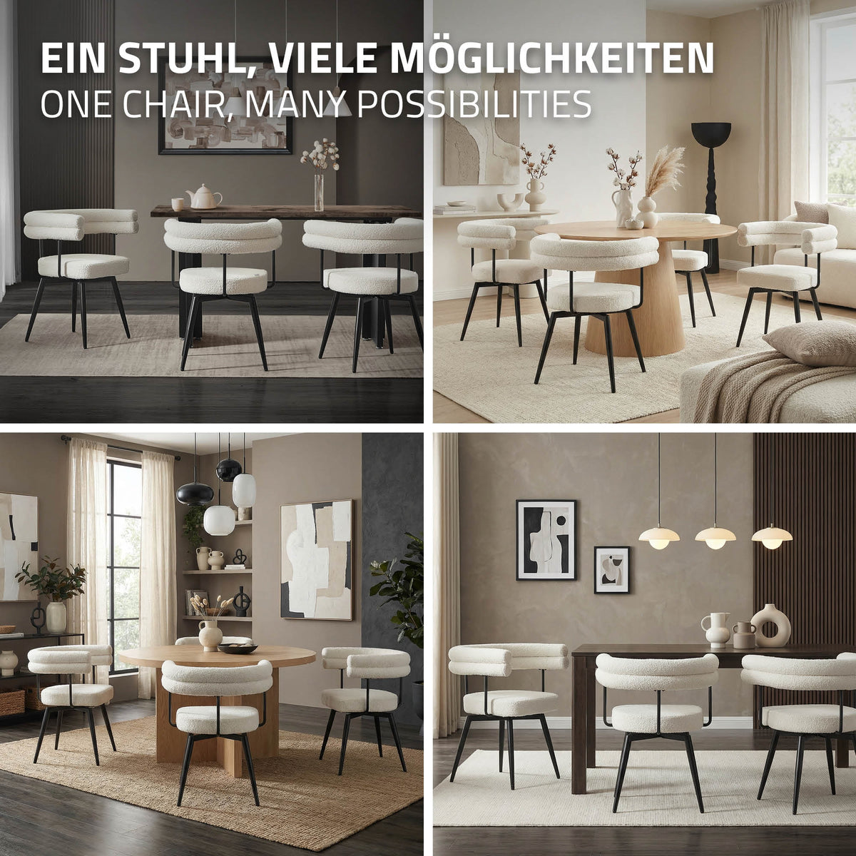 Vier Bilder von Stühlen in verschiedenen Räumen und Stilen.