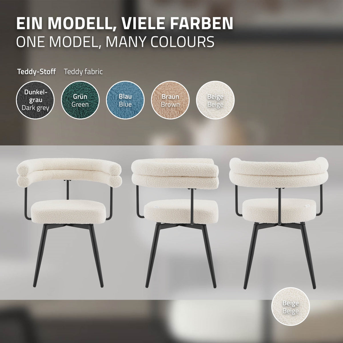 Drei Stühle in verschiedenen Farben auf einem hellen Hintergrund.