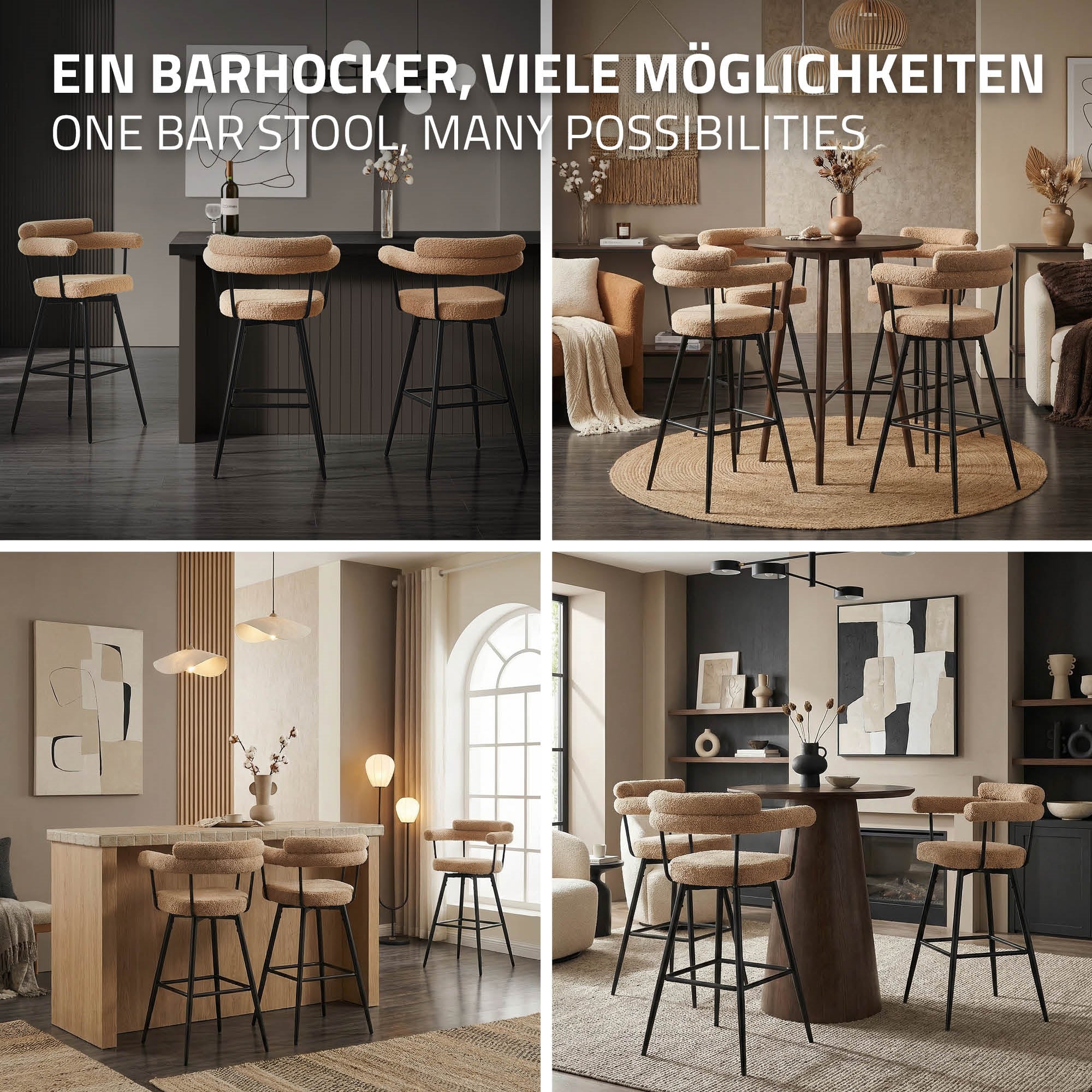 Vier Bilder von Barhockern in verschiedenen Räumen und Stilen.