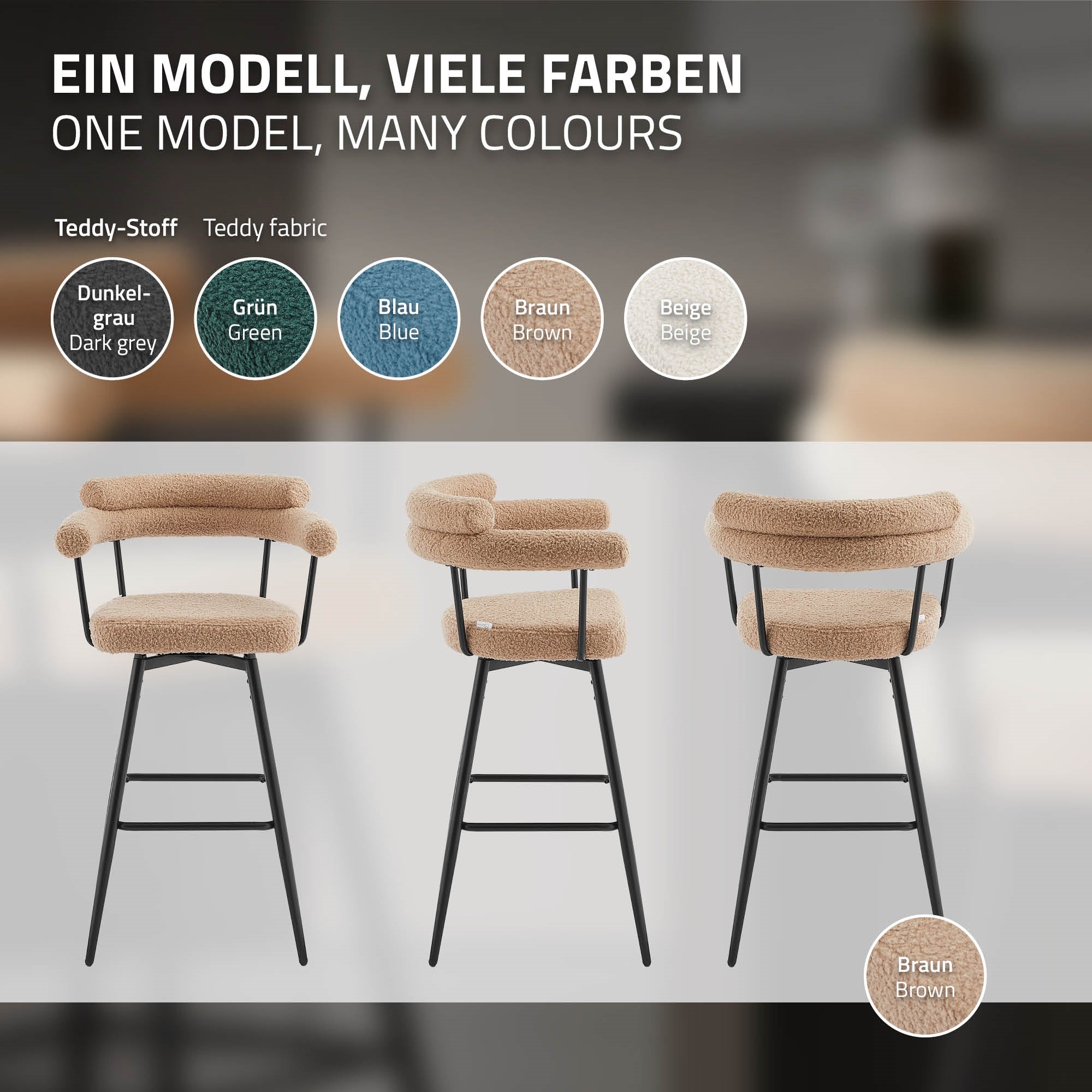 Drei Barhocker in verschiedenen Farben, auf einem hellen Hintergrund.