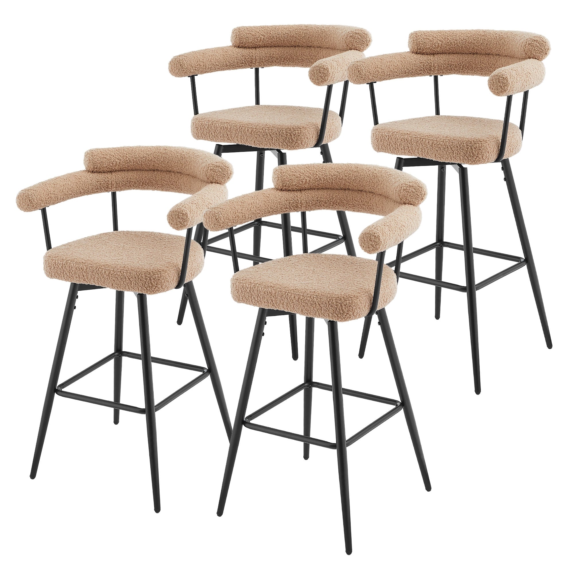 Vier beige Barhocker mit schwarzem Gestell auf einem weißen Hintergrund.