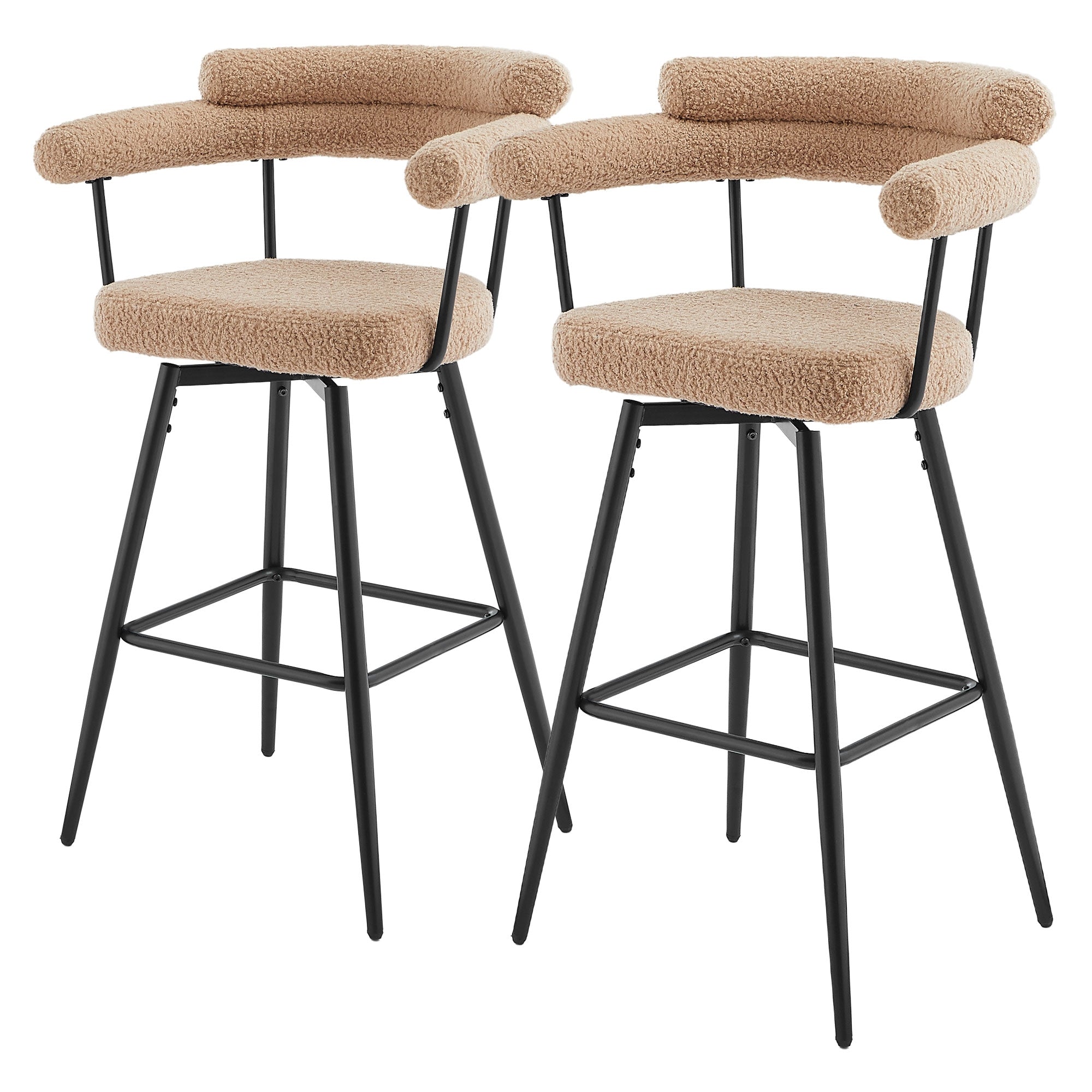 Zwei Barhocker mit gepolsterten Sitzen und schwarzen Metallbeinen.