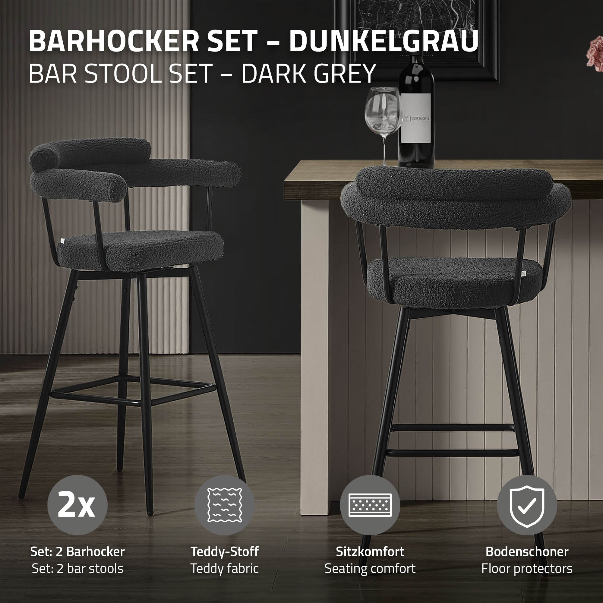 Barhocker Set in Dunkelgrau, bestehend aus zwei Barhockern mit Beschreibung.