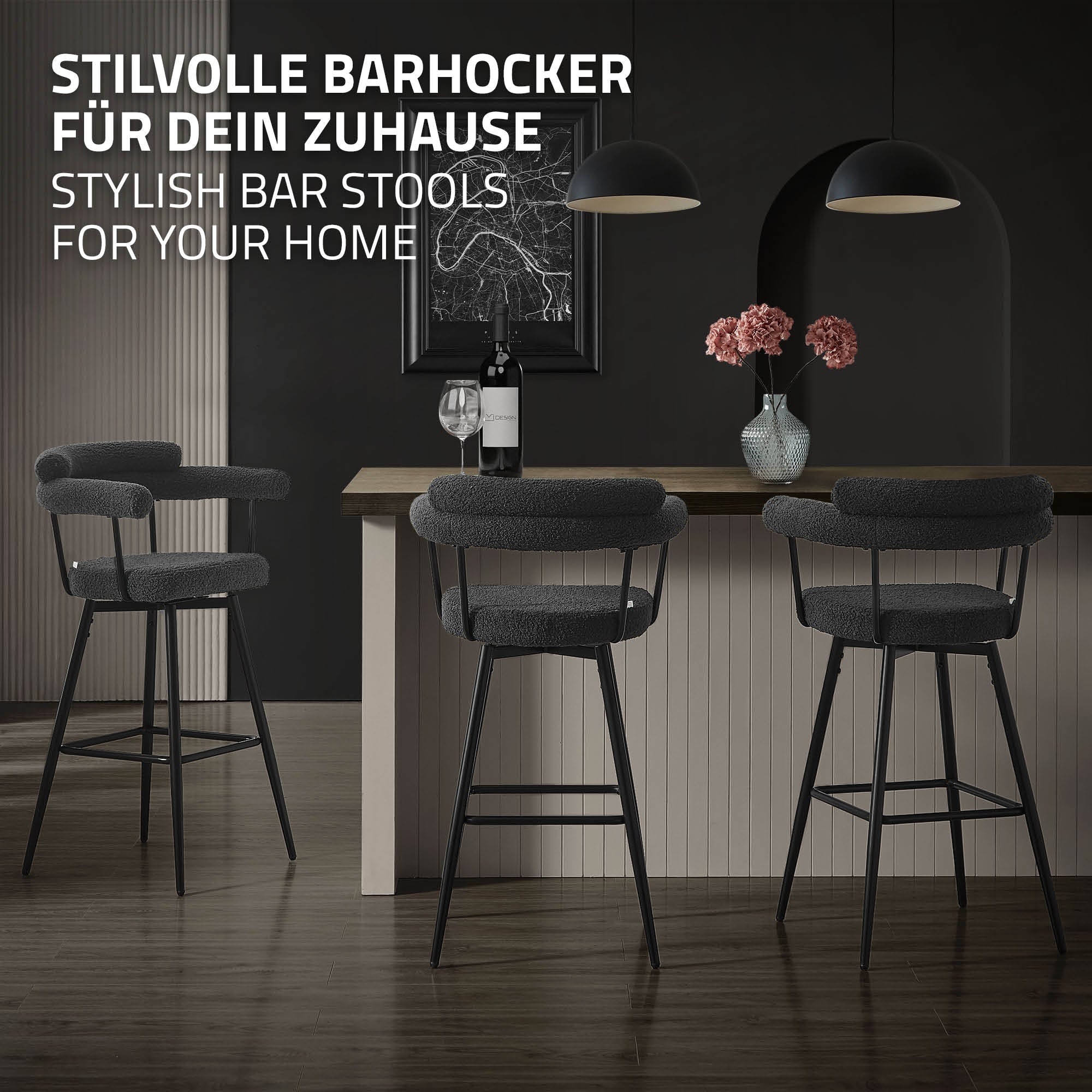Three stylish bar stools in a modern room with a dark wall.