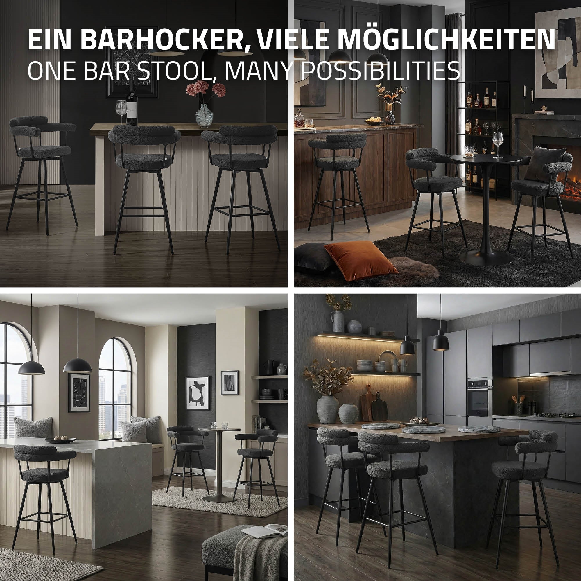 Collage mit schwarzen Barhockern in verschiedenen Wohnräumen und einem Küchentresen.