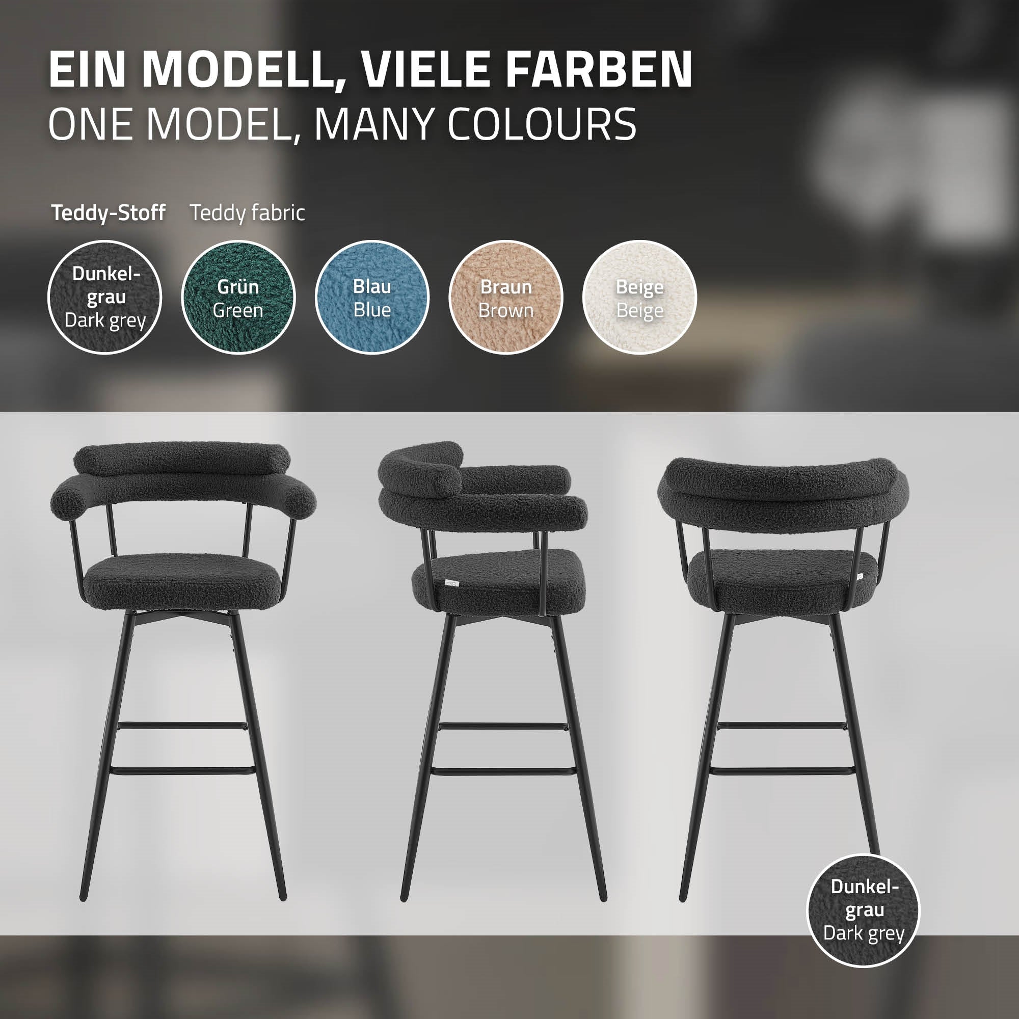 Drei Barhocker in verschiedenen Farben auf einem hellen Hintergrund.