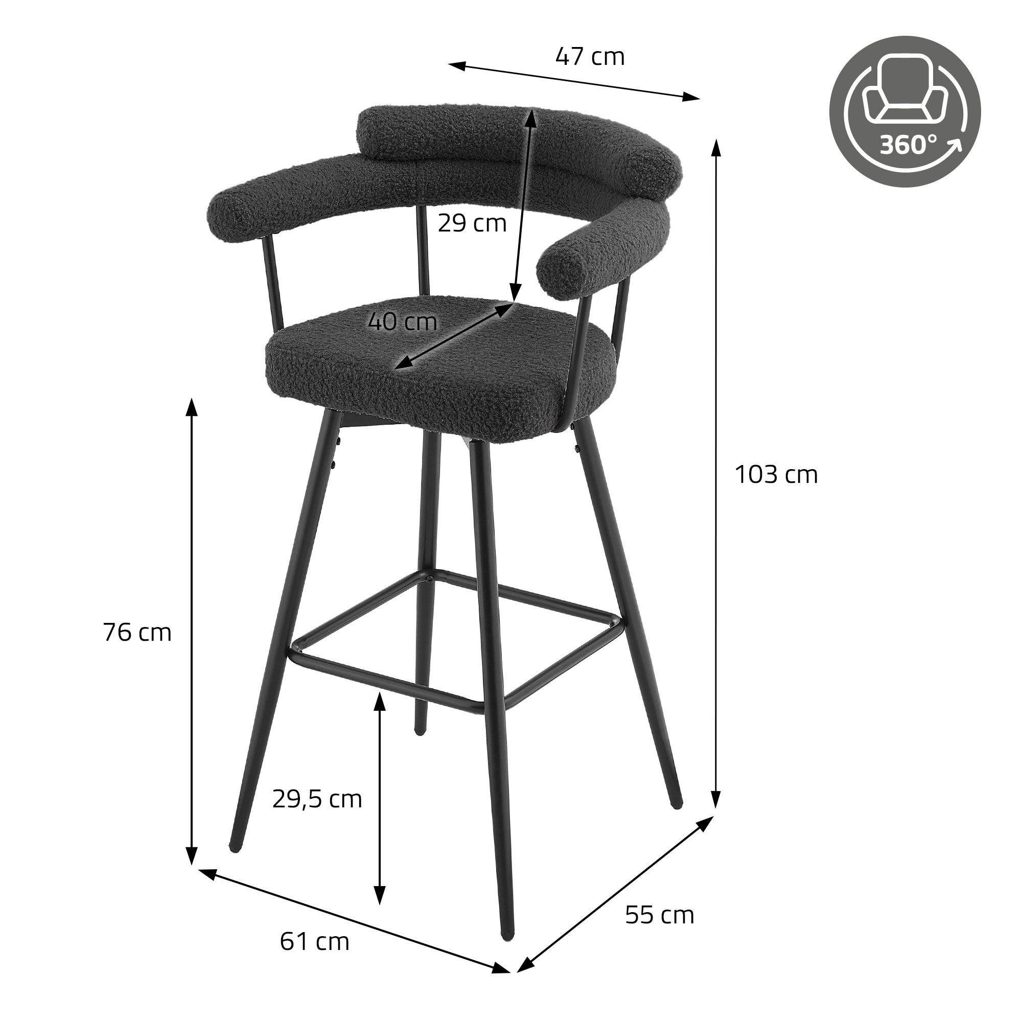 Maßzeichnung für einen Barhocker in Schwarz, mit Abmessungen in cm.