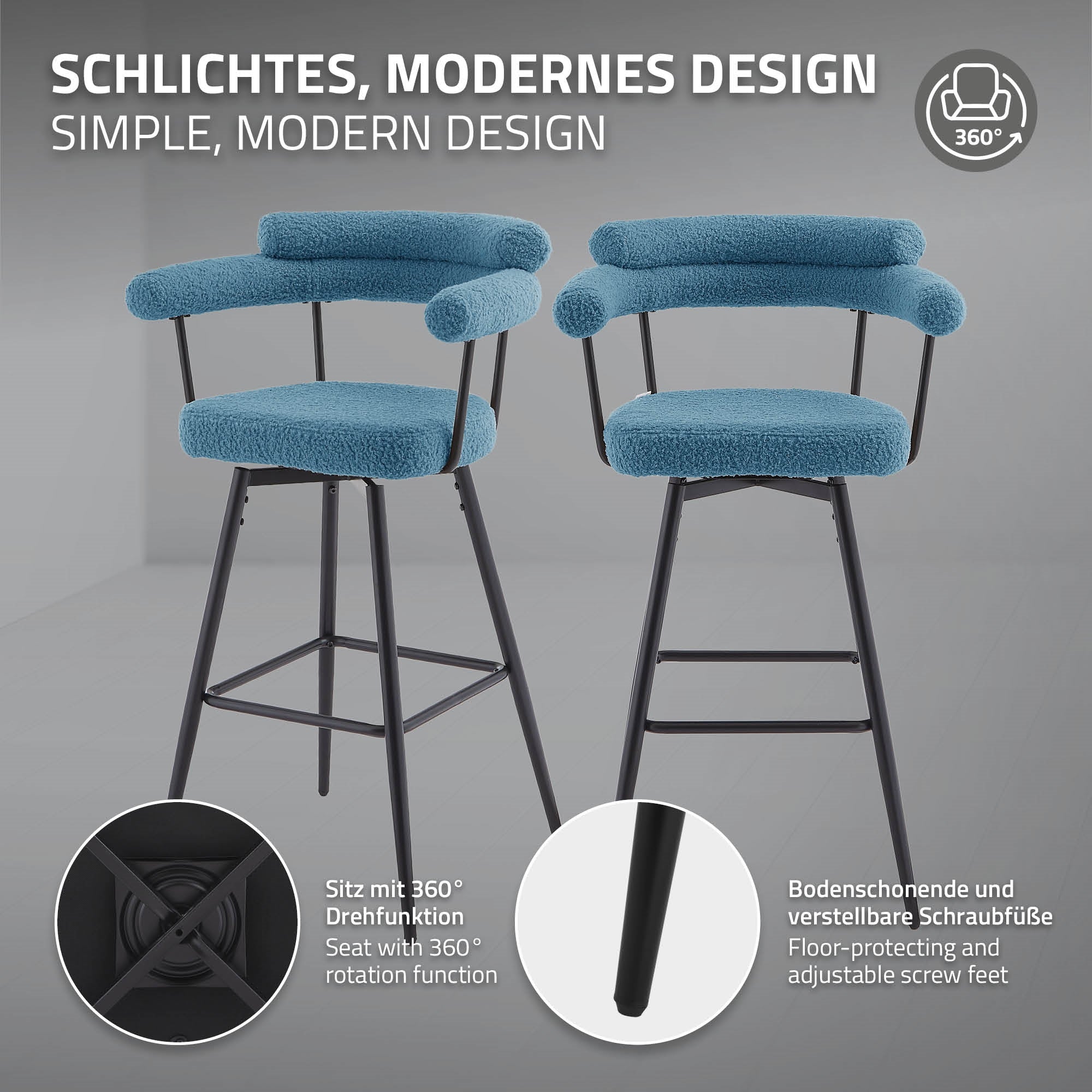Blaues Barhocker Set mit zwei Hockern und schwarzem Gestell.