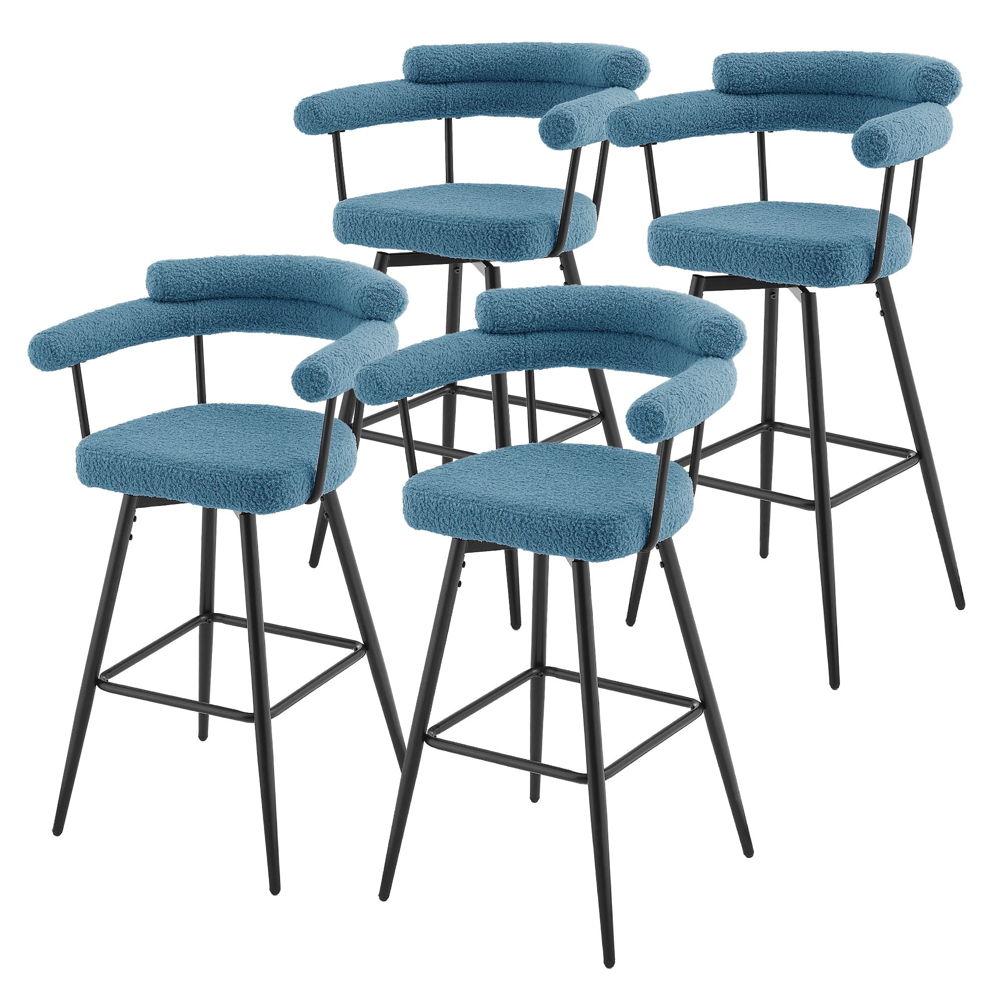 Vier blaue Barhocker mit gepolsterten Sitzen und Armlehnen auf einem schwarzen Gestell.