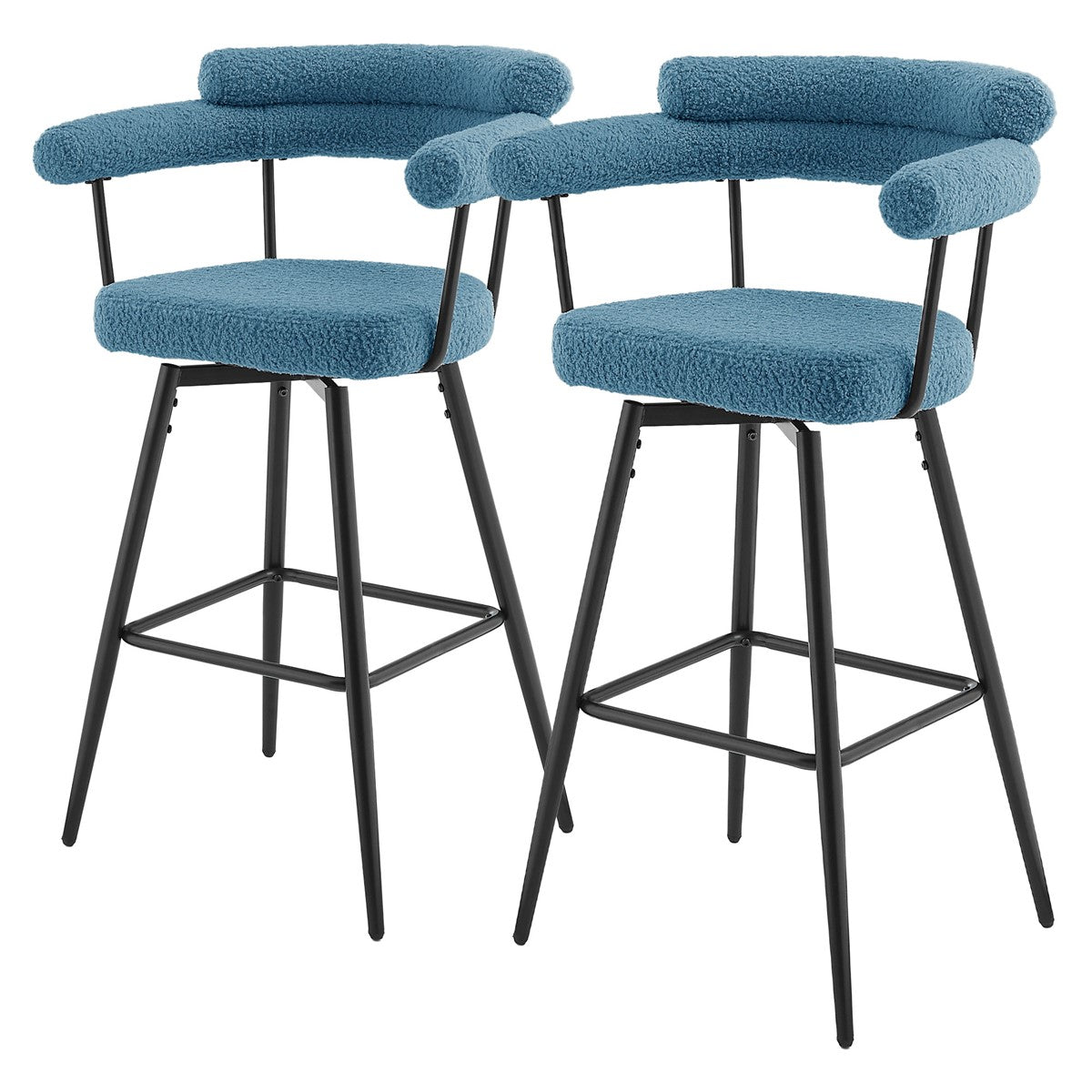 Two blue bar stools on a white background.
