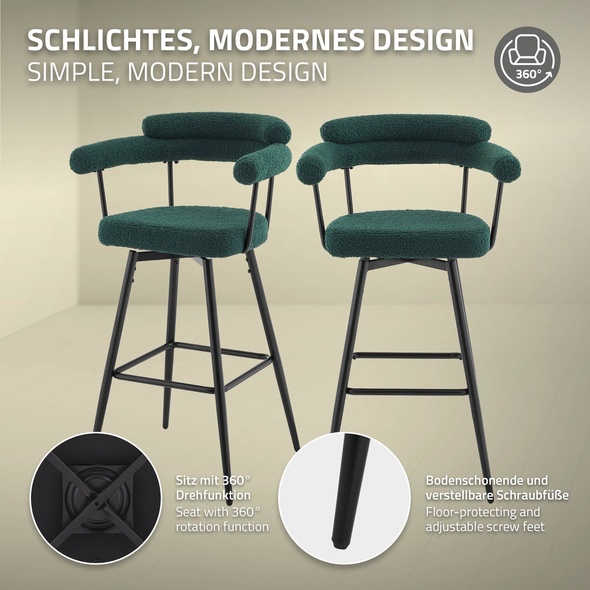 Grünes Barhocker Set mit zwei Hockern und schwarzem Gestell.