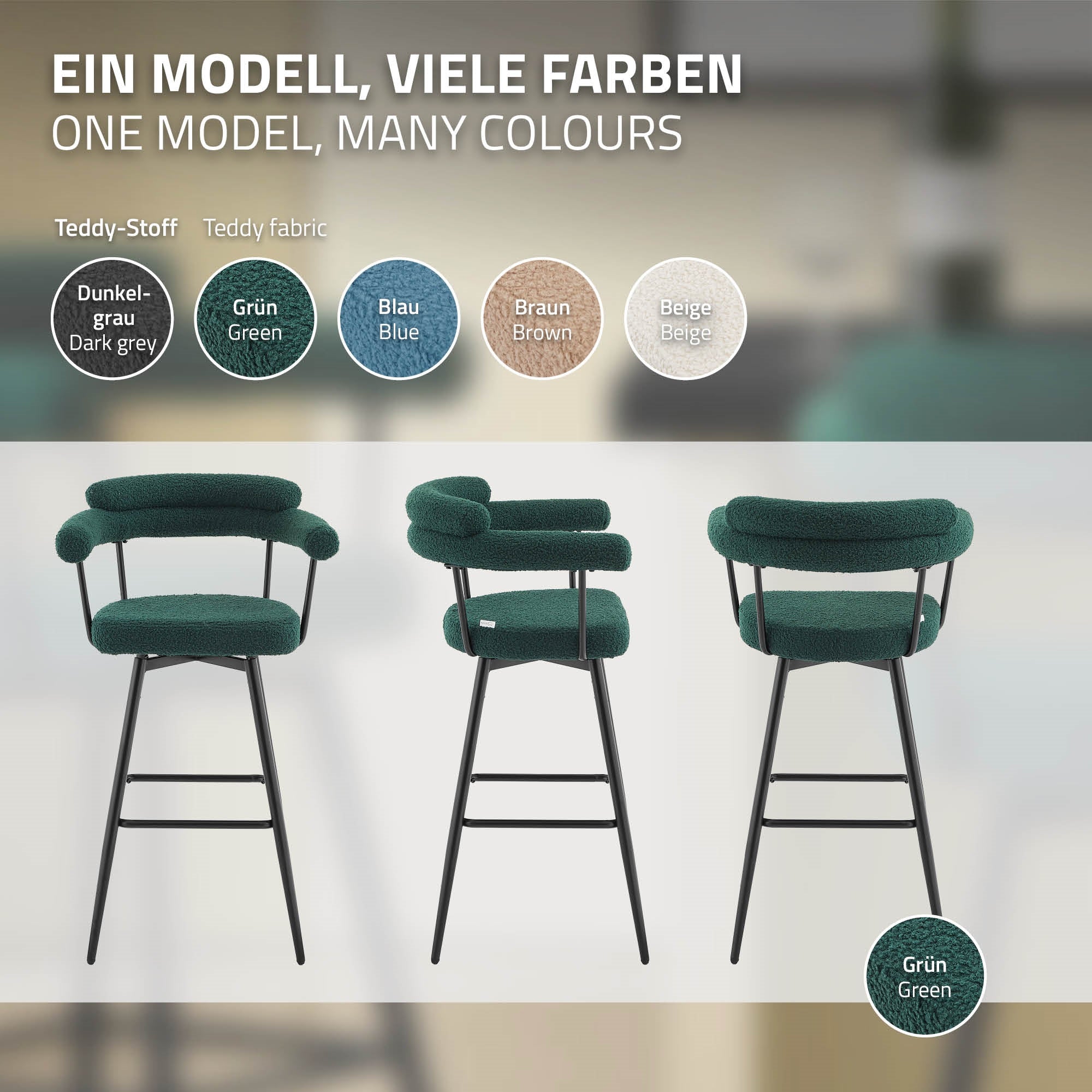 Drei Barhocker in verschiedenen Farben, gezeigt aus verschiedenen Perspektiven.