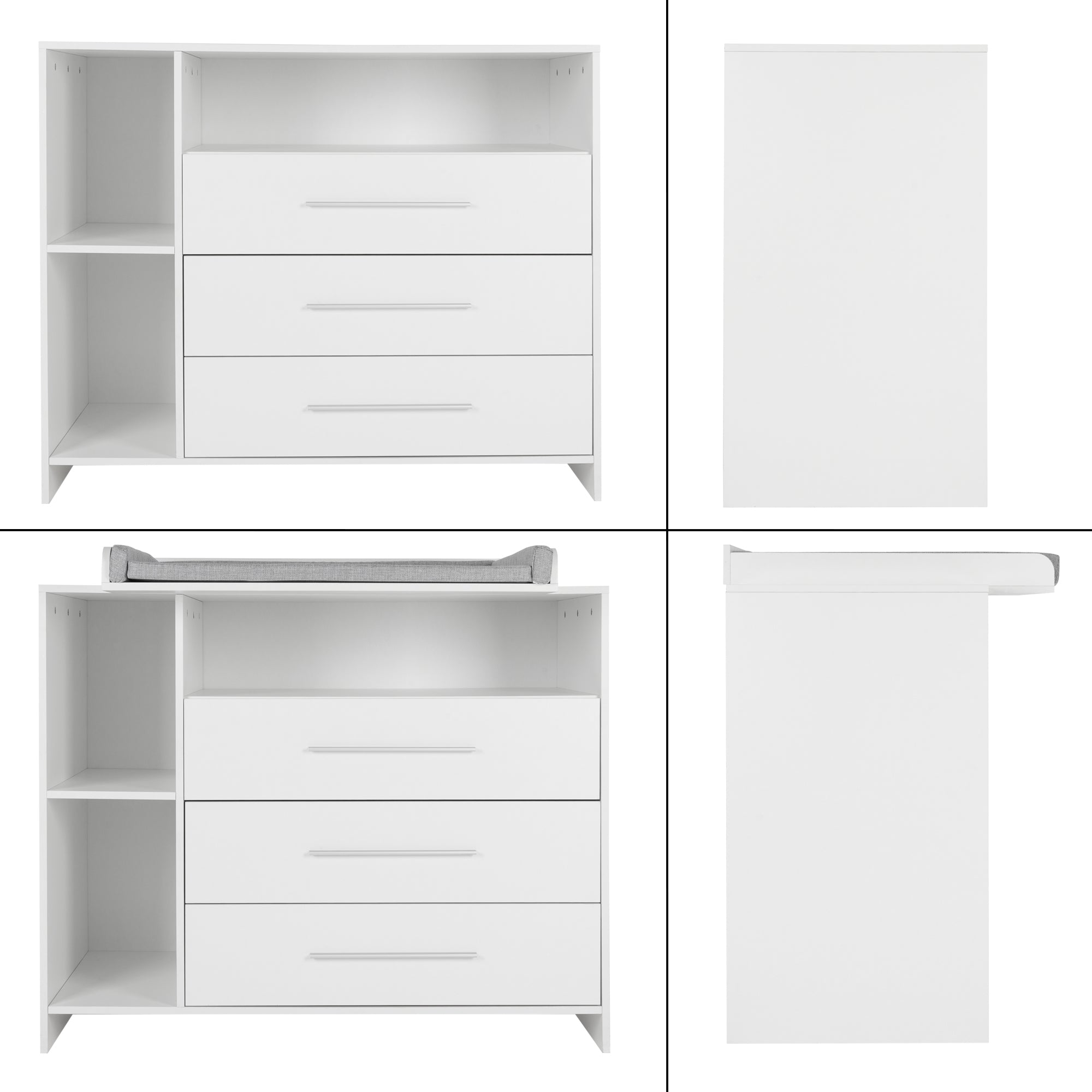 Weißer Schrank mit zwei Schubladen und offenen Fächern.