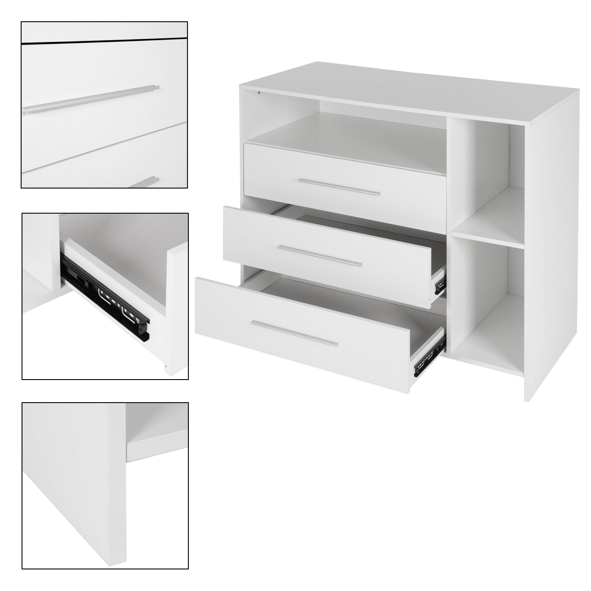 Weißer Schrank mit offenen und geschlossenen Fächern und Schubladen.