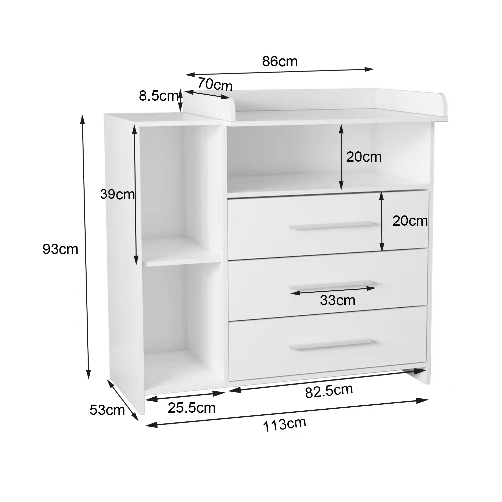 Weißer Schrank mit drei Schubladen und zwei offenen Fächern, Maße 86x93x70 cm.
