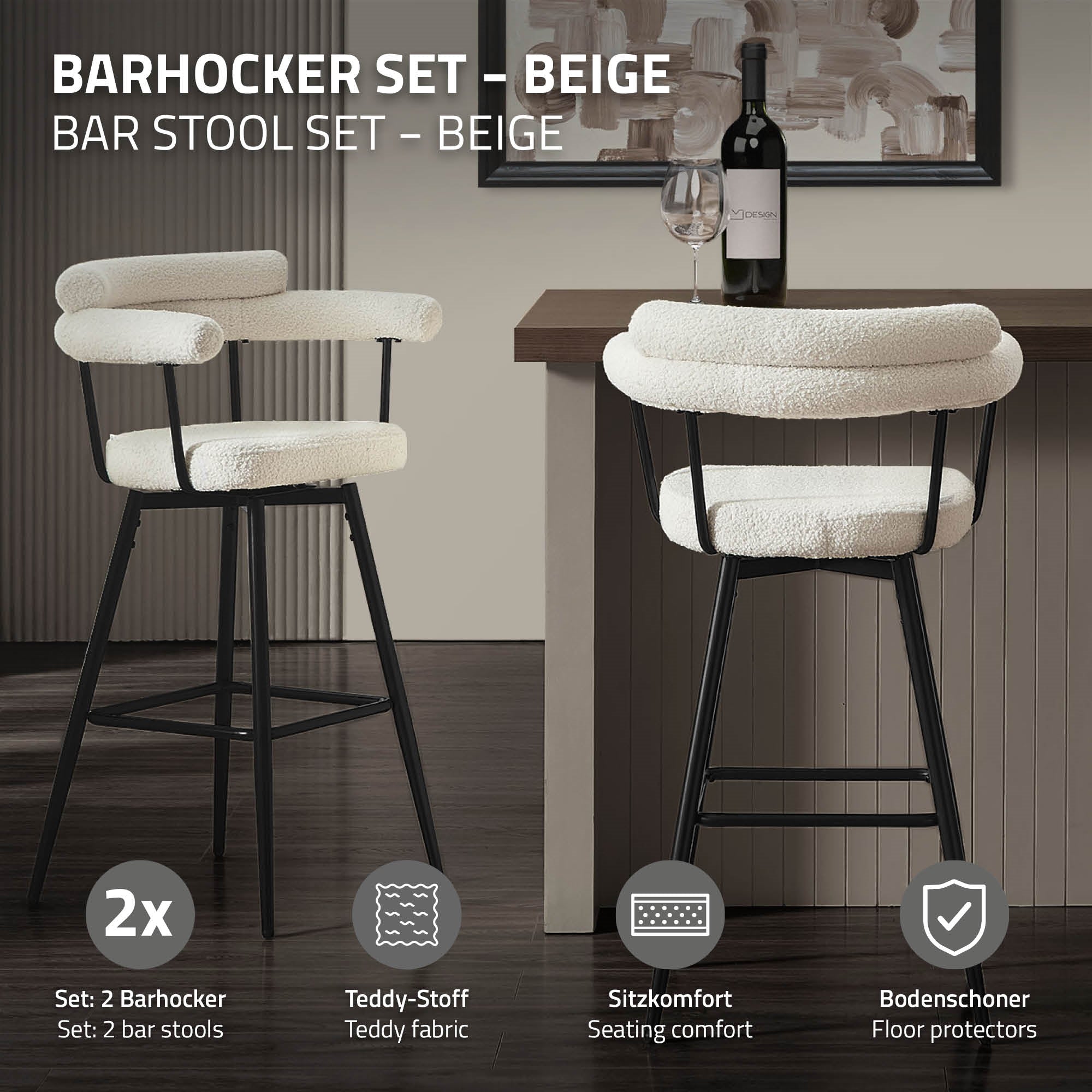 Beige Barhocker Set mit zwei Hockern und schwarzem Gestell.