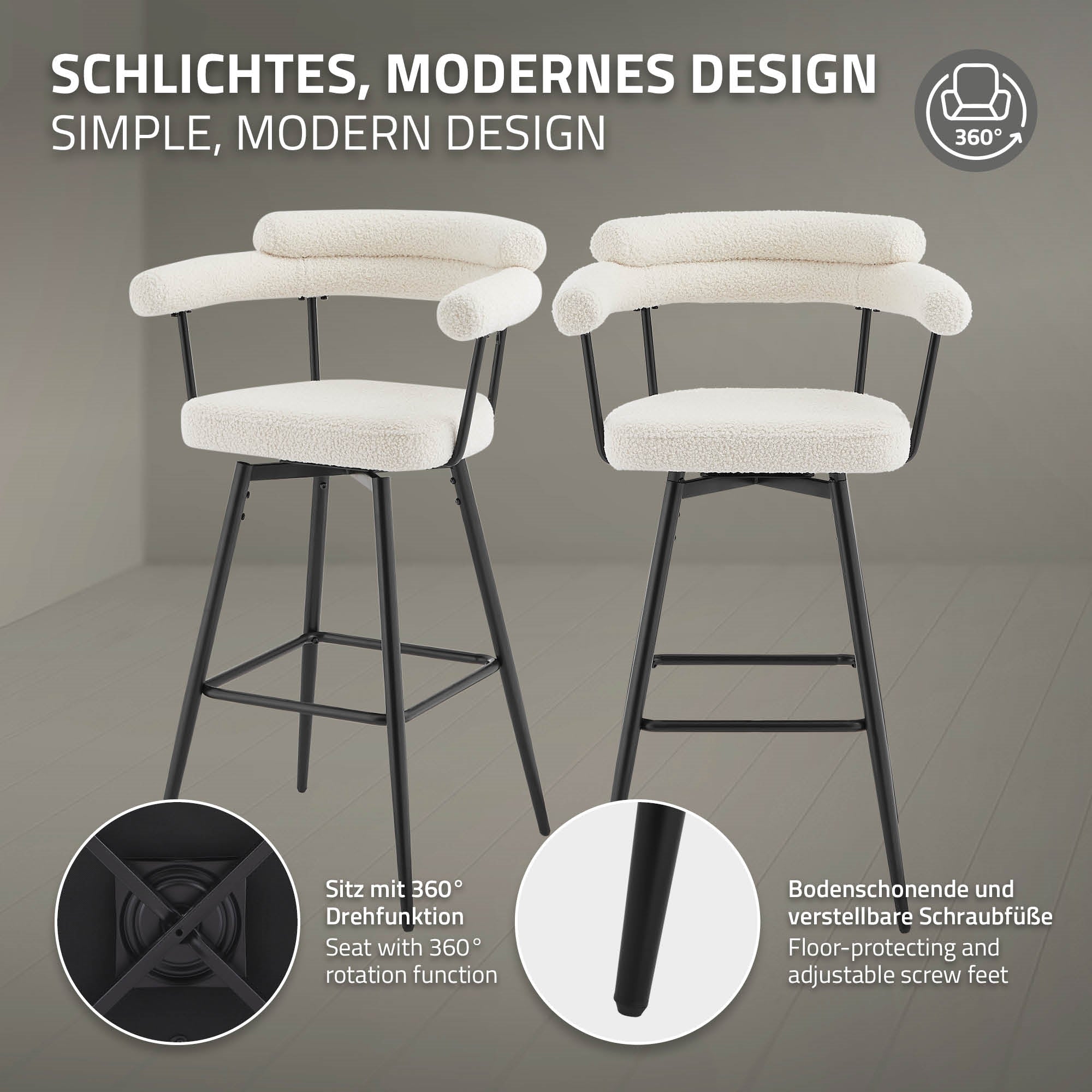 Moderne Barhocker mit drehbarem Sitz und verstellbaren Füßen.