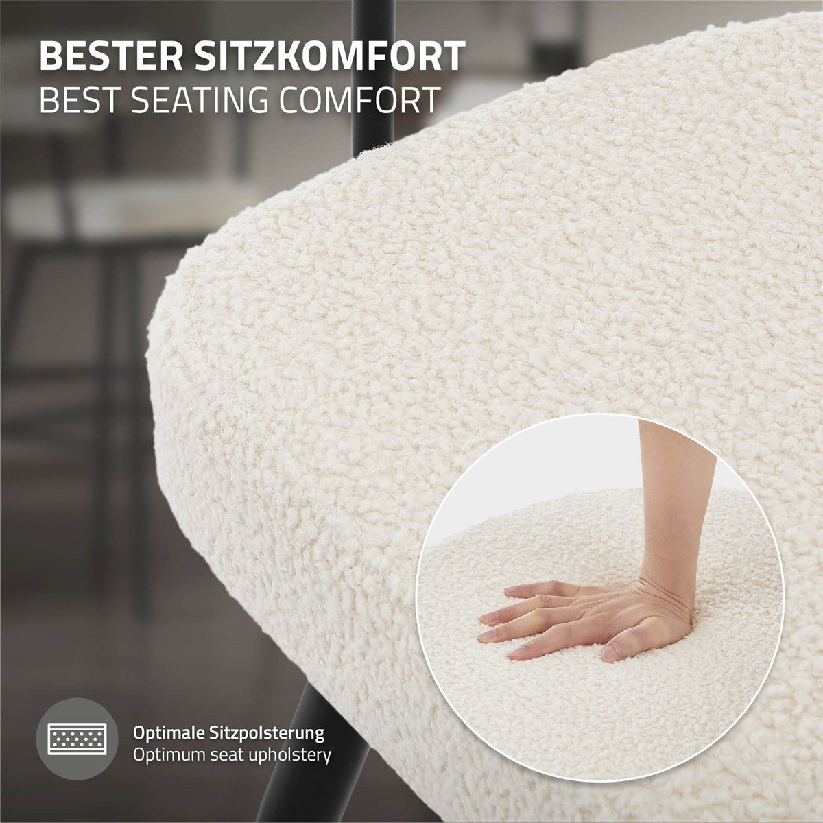 Sitzfläche mit weichem Bezug, Hand drückt auf die Polsterung.