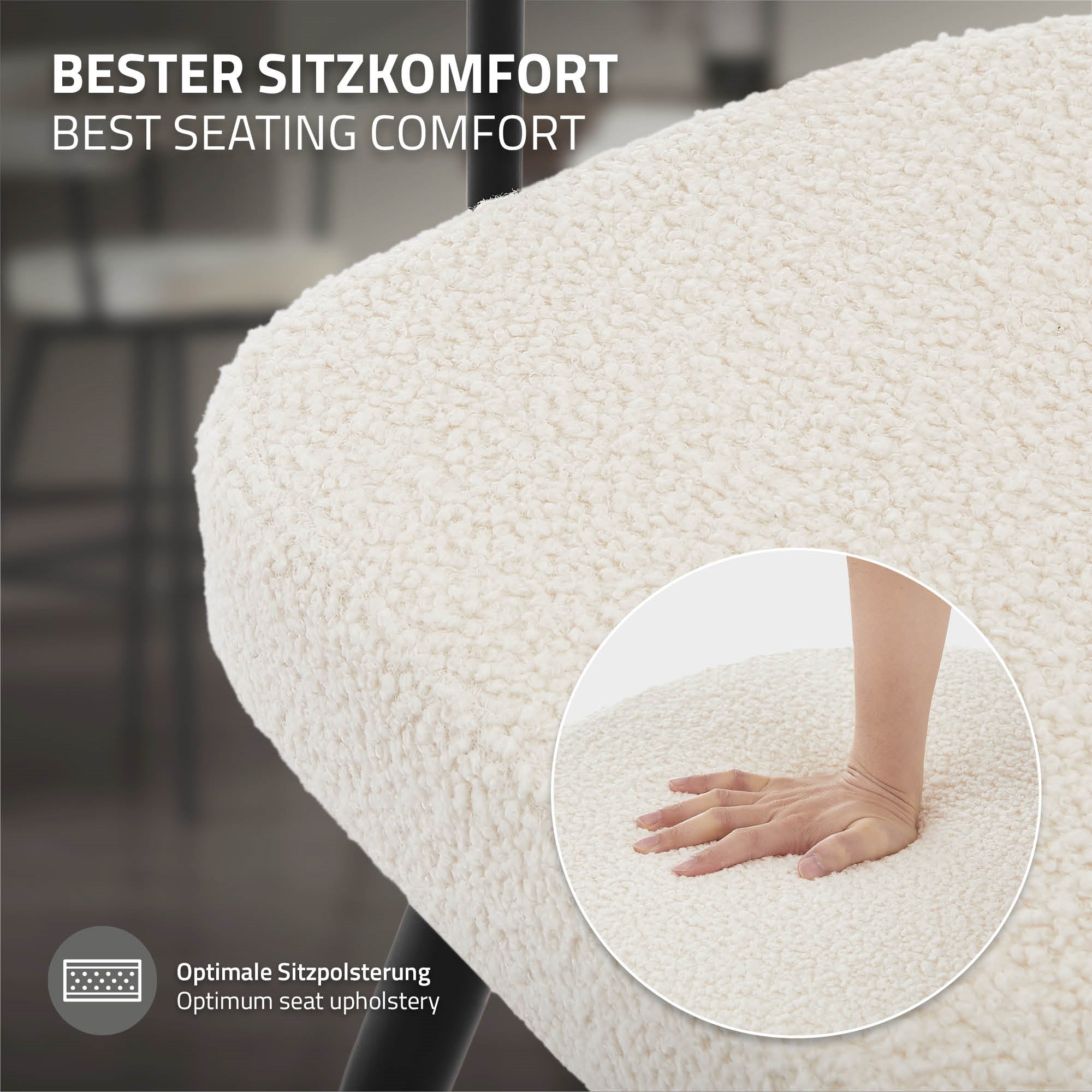 Sitzfläche mit weichem Bezug, Hand drückt auf die Polsterung.
