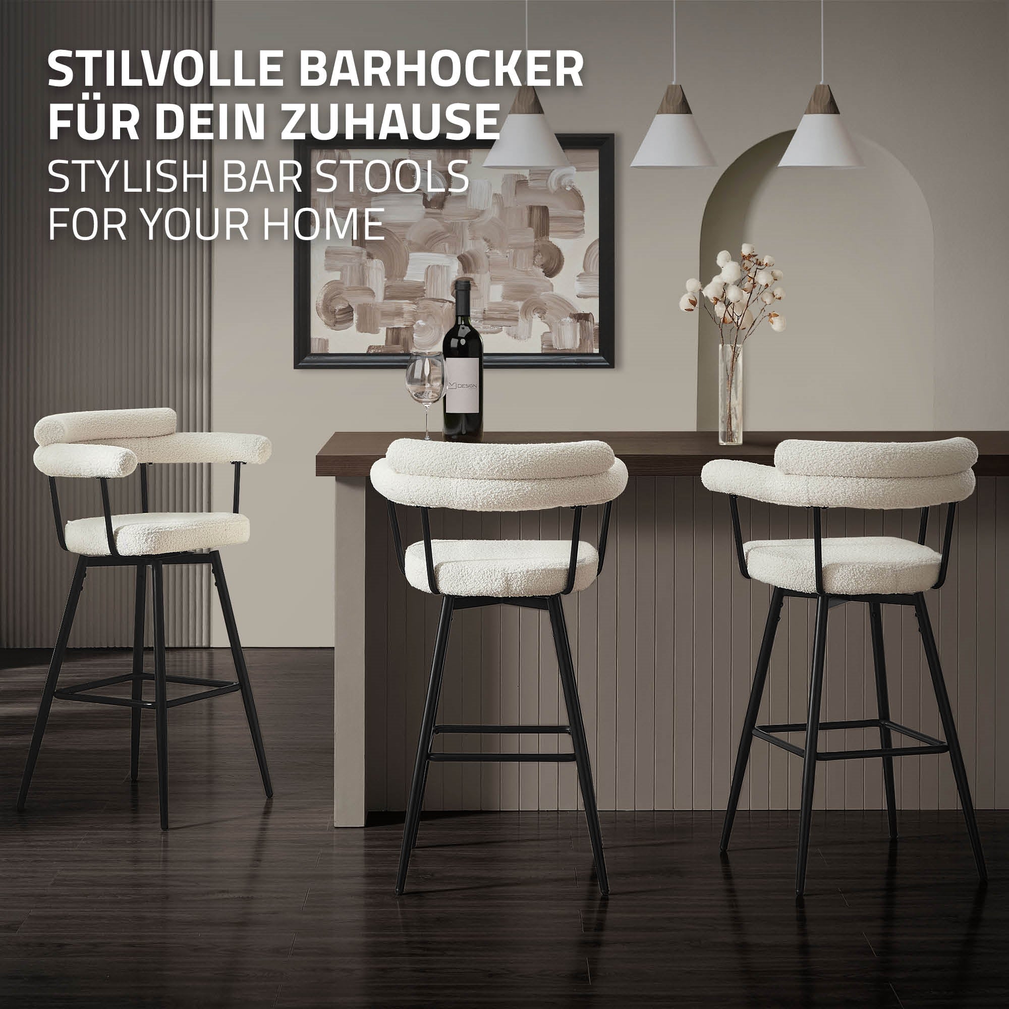 Moderní barové židle v stylovém prostoru s barem.