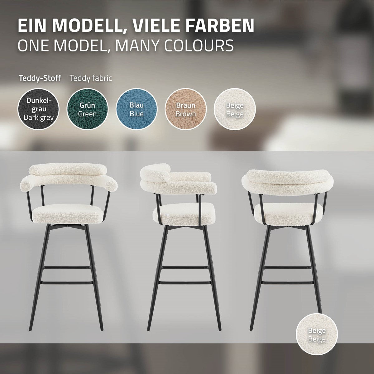 Drei Barhocker in verschiedenen Farben auf einem neutralen Hintergrund.