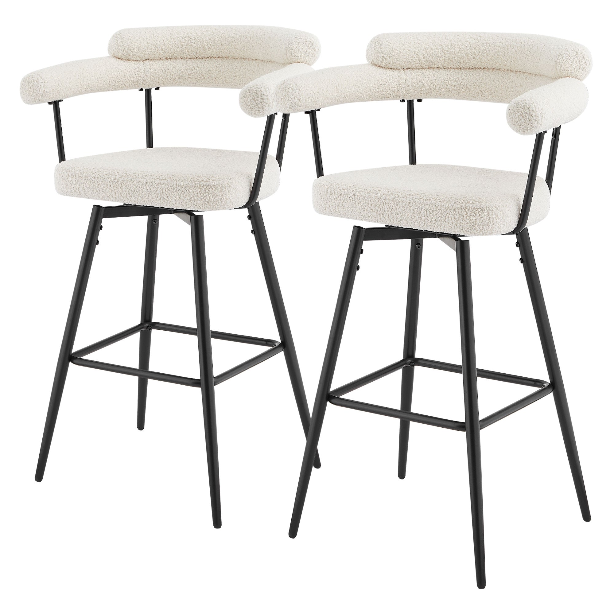 Zwei Barhocker mit gepolsterten Sitzen und schwarzem Gestell.