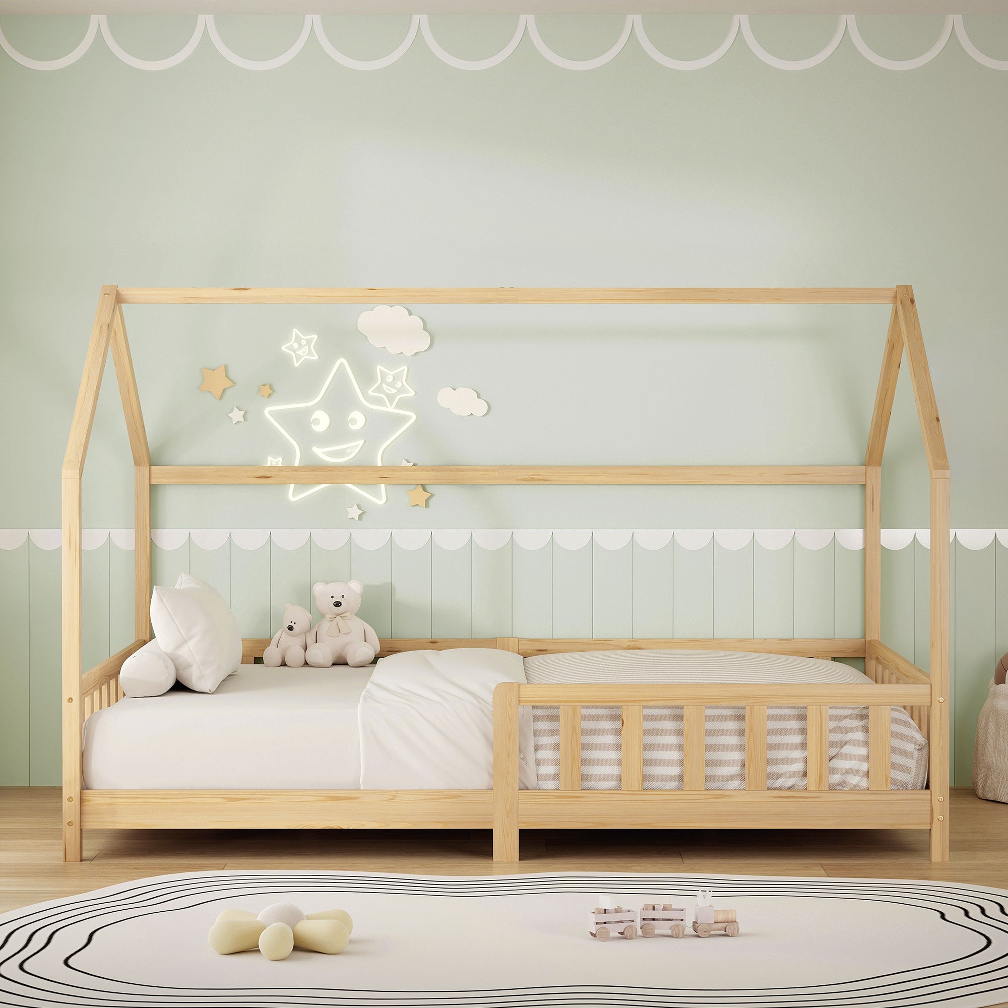Bed with wooden frame, cushions, and toys on a carpet.
