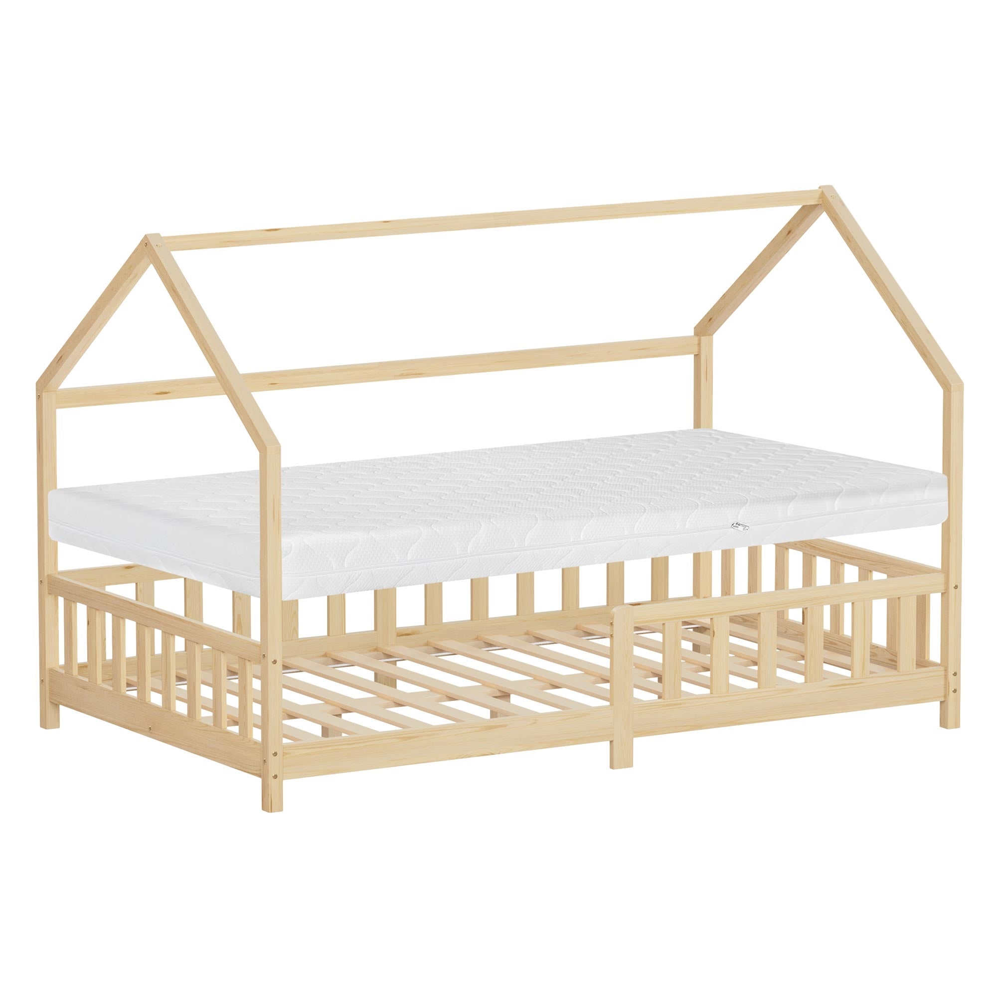 Wooden children's bed in light wood, with roof and slatted frame, without mattress.