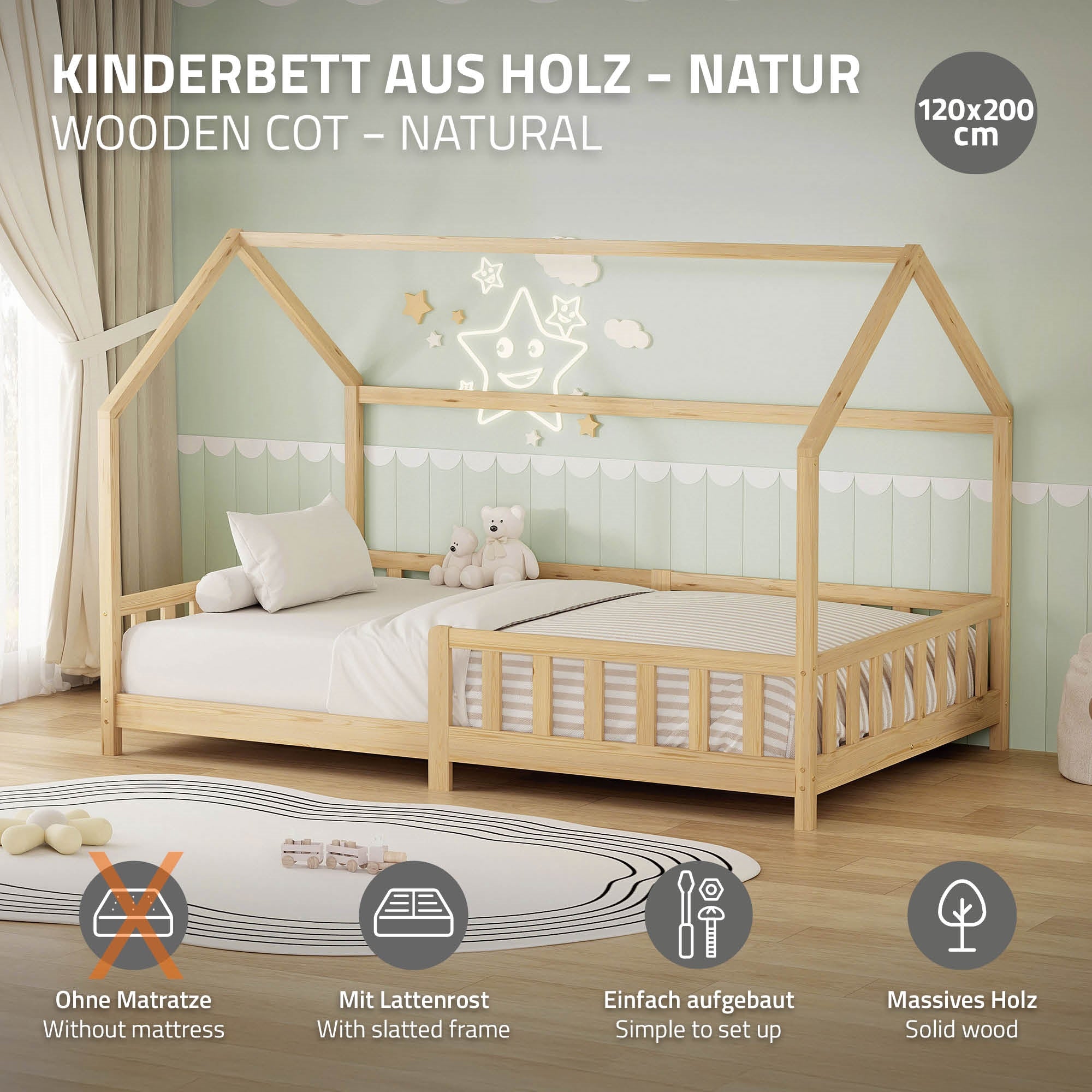 Wooden children's bed in natural color, without mattress, with slatted frame.