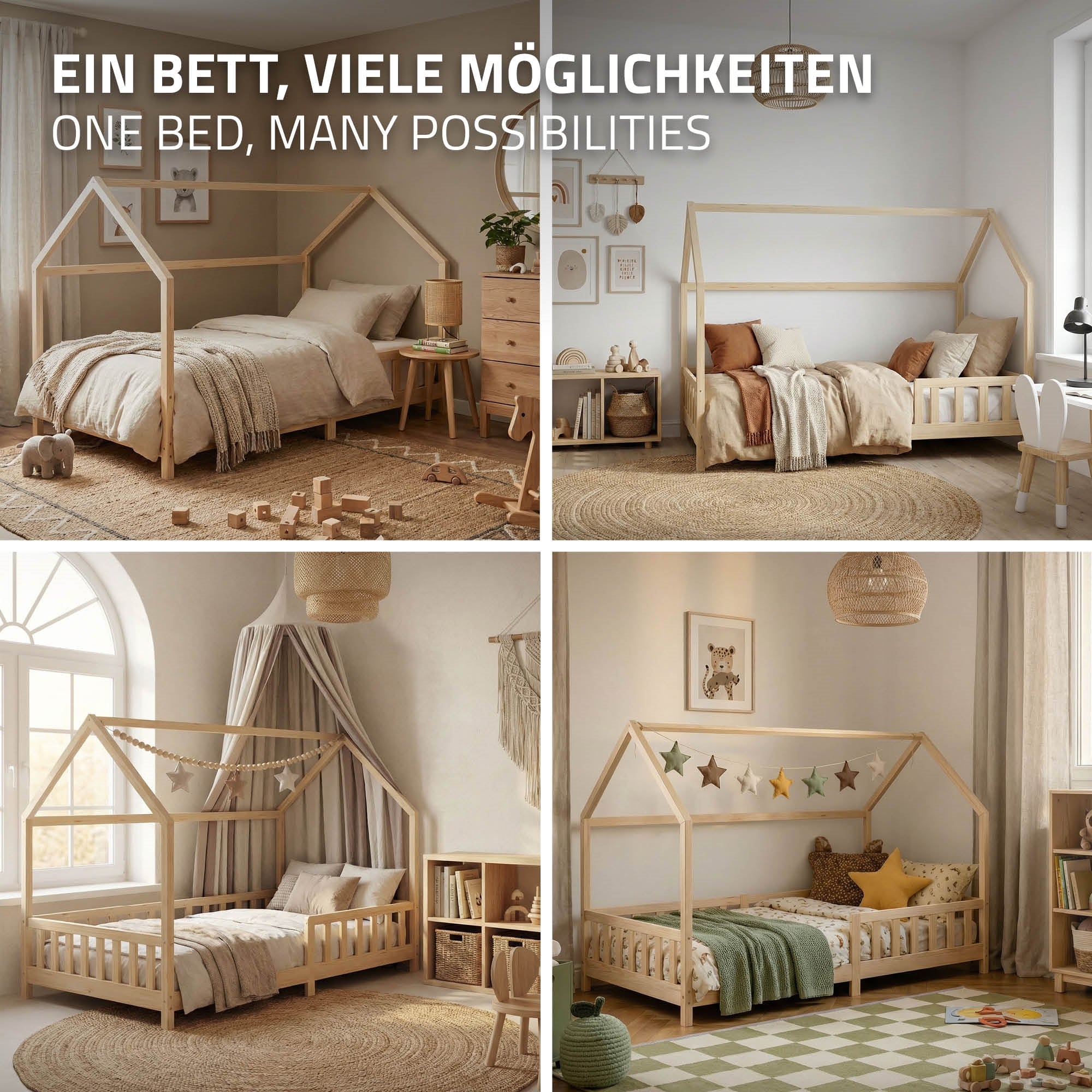 Four pictures of a bed in different designs and options.