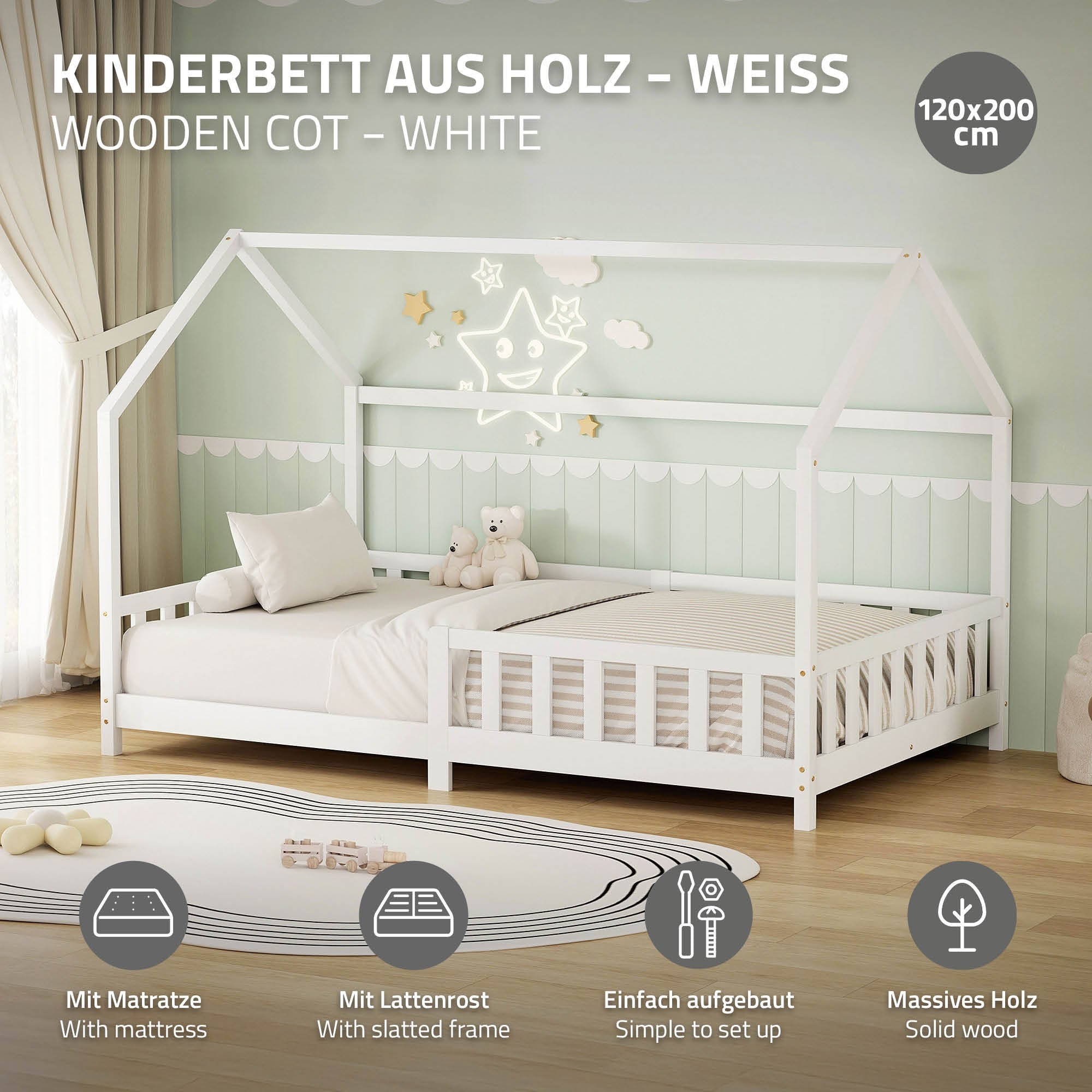 Cama infantil de madera en blanco con colchón y somier de listones.