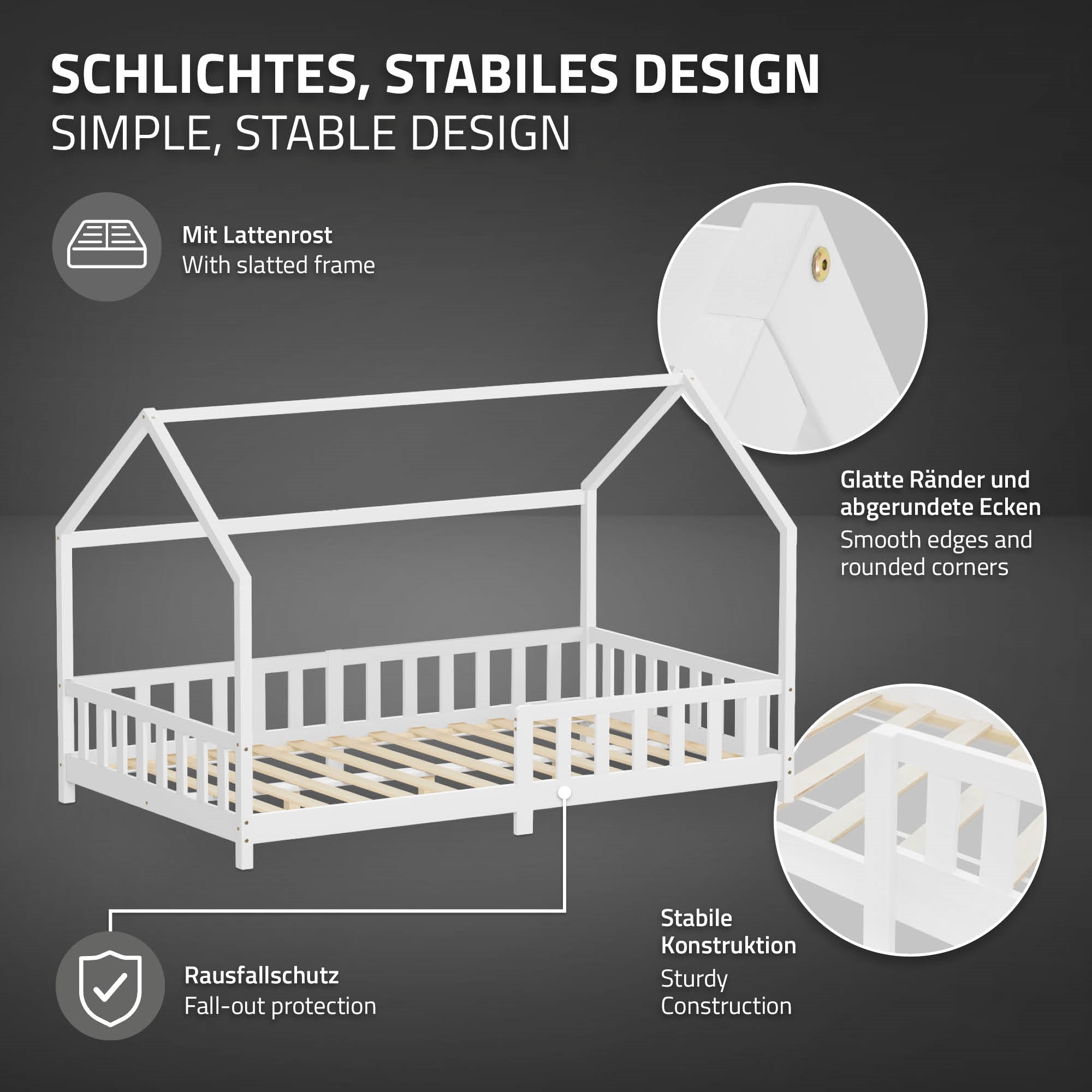 Weißes Kinderbett mit stabiler Konstruktion und glatten Kanten.