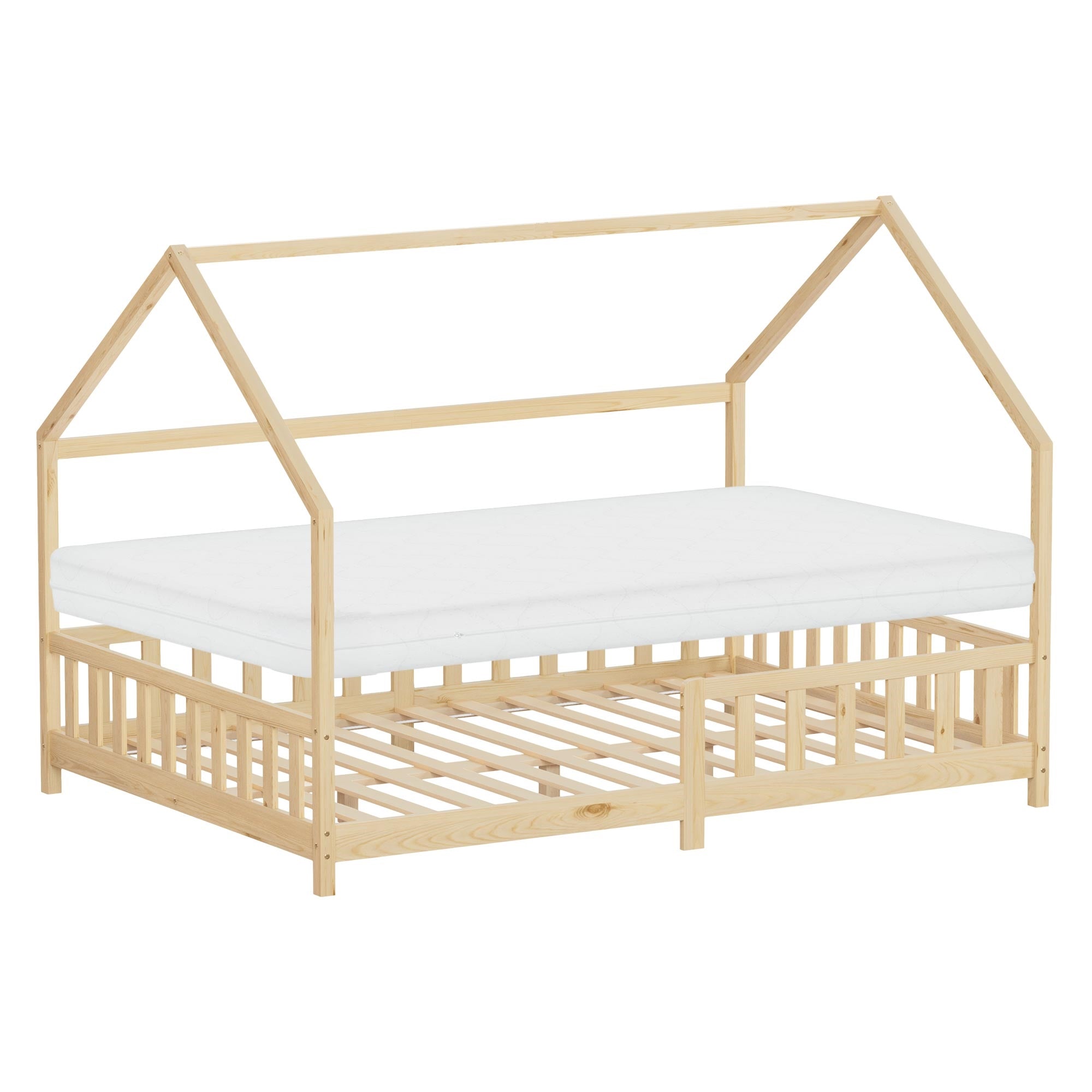 Wooden frame of a bed in house shape with mattress.