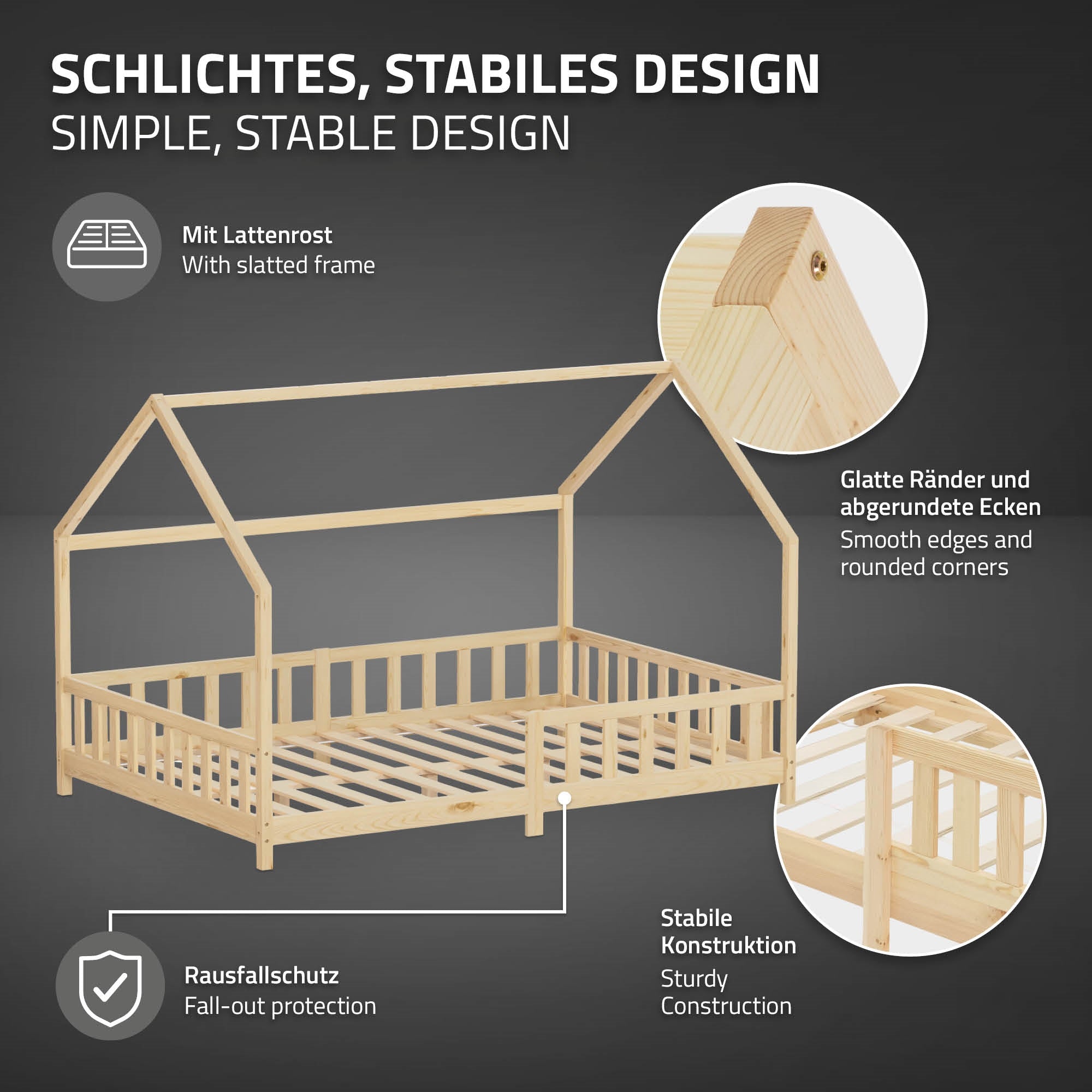 Ein einfaches, stabiles Kinderbett mit runden Ecken.