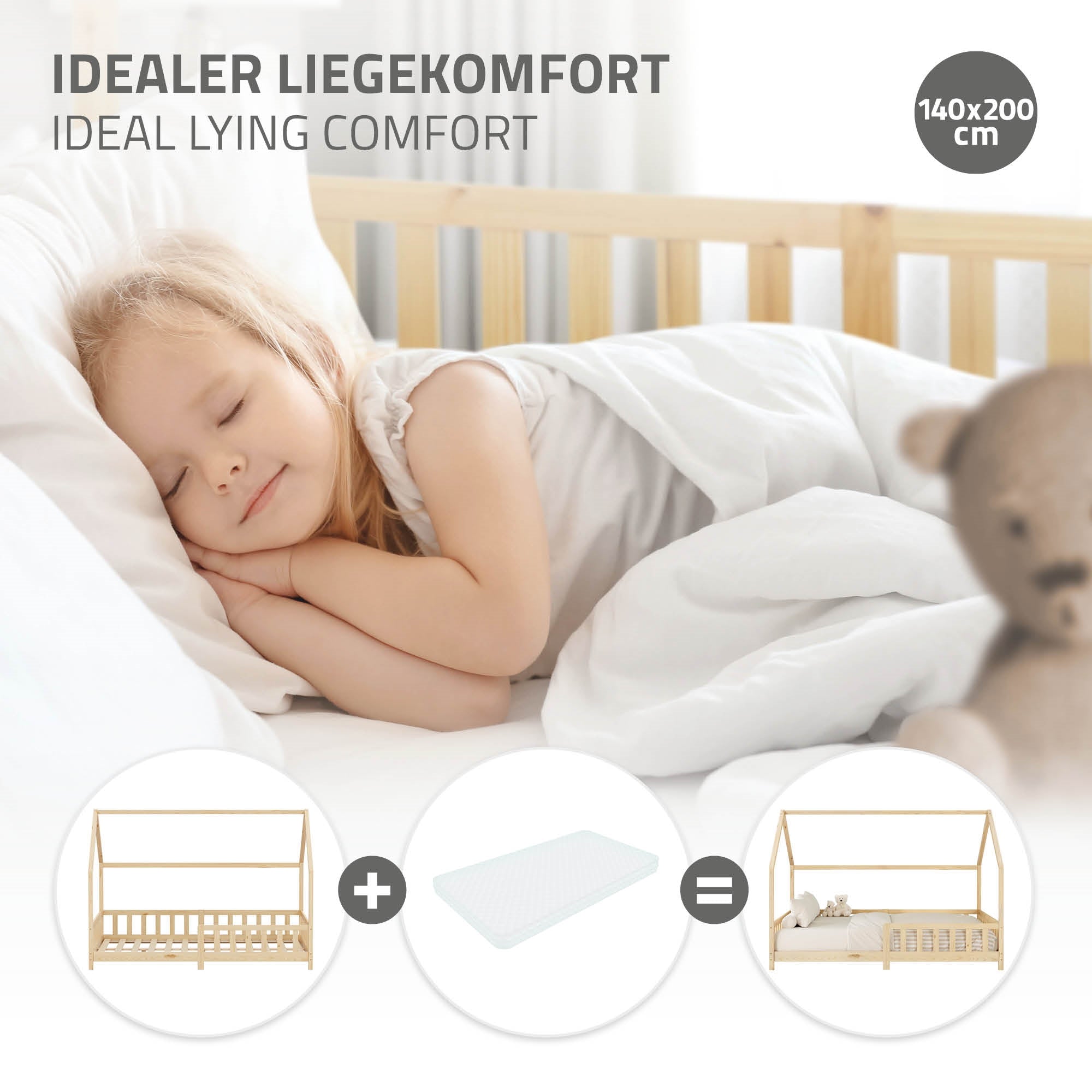 Schlafendes Kind in einem Bett mit einer Matratze, umgeben von Bettwäsche.