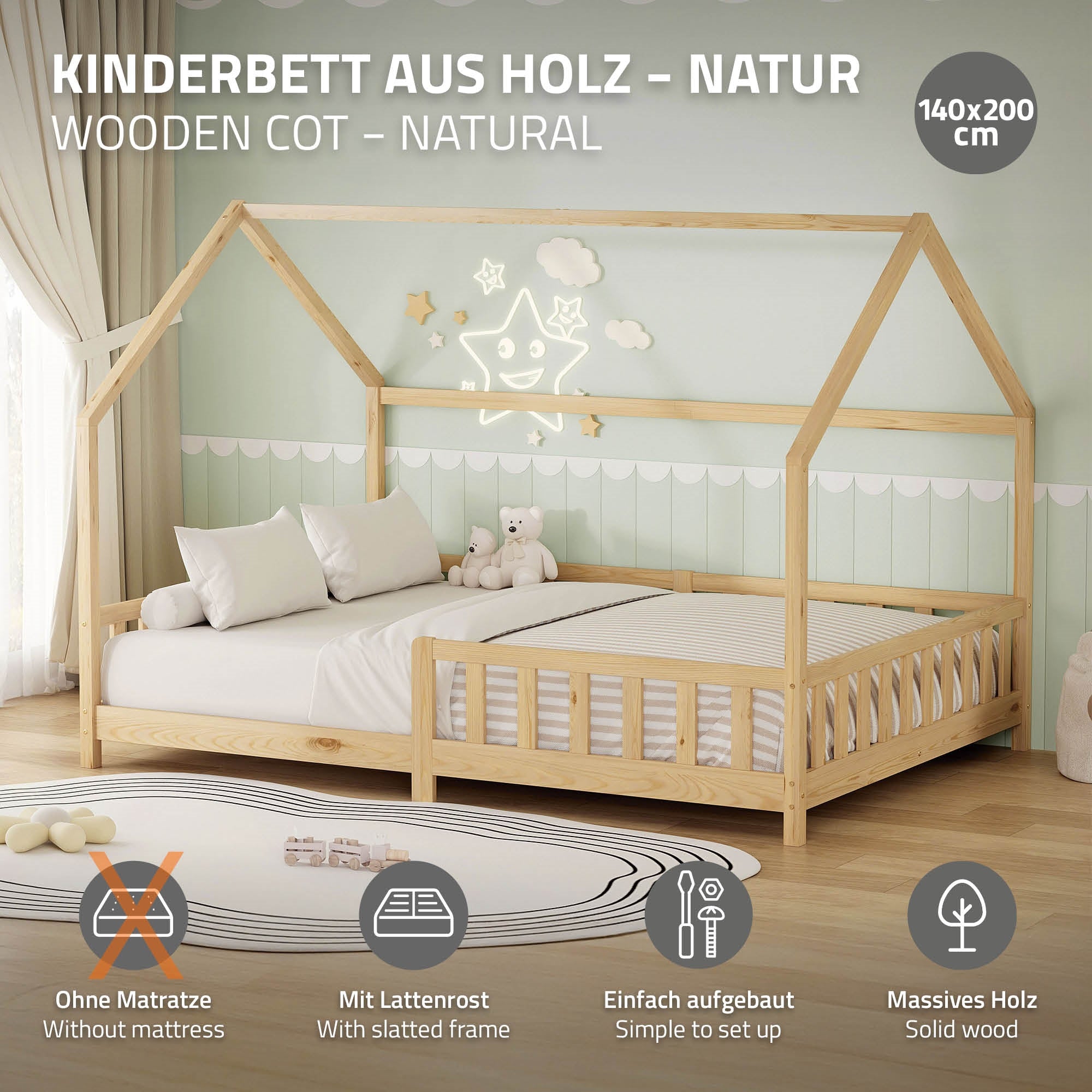 Holz-Kinderbett in natürlicher Farbe, 140x200 cm, mit slatted frame.