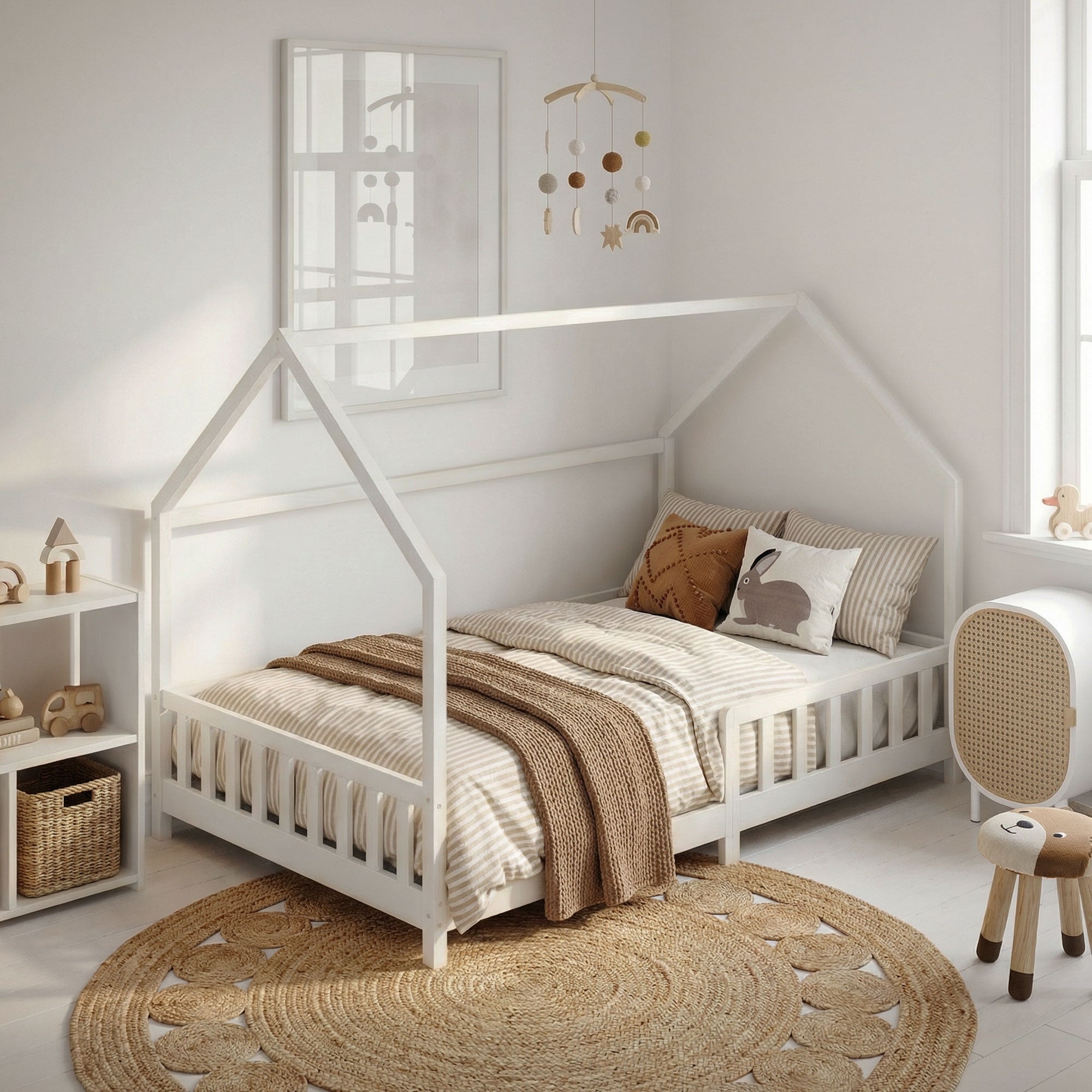 Schlafzimmer mit einem weißen Bett, Teppich und Spielzeug im Raum.