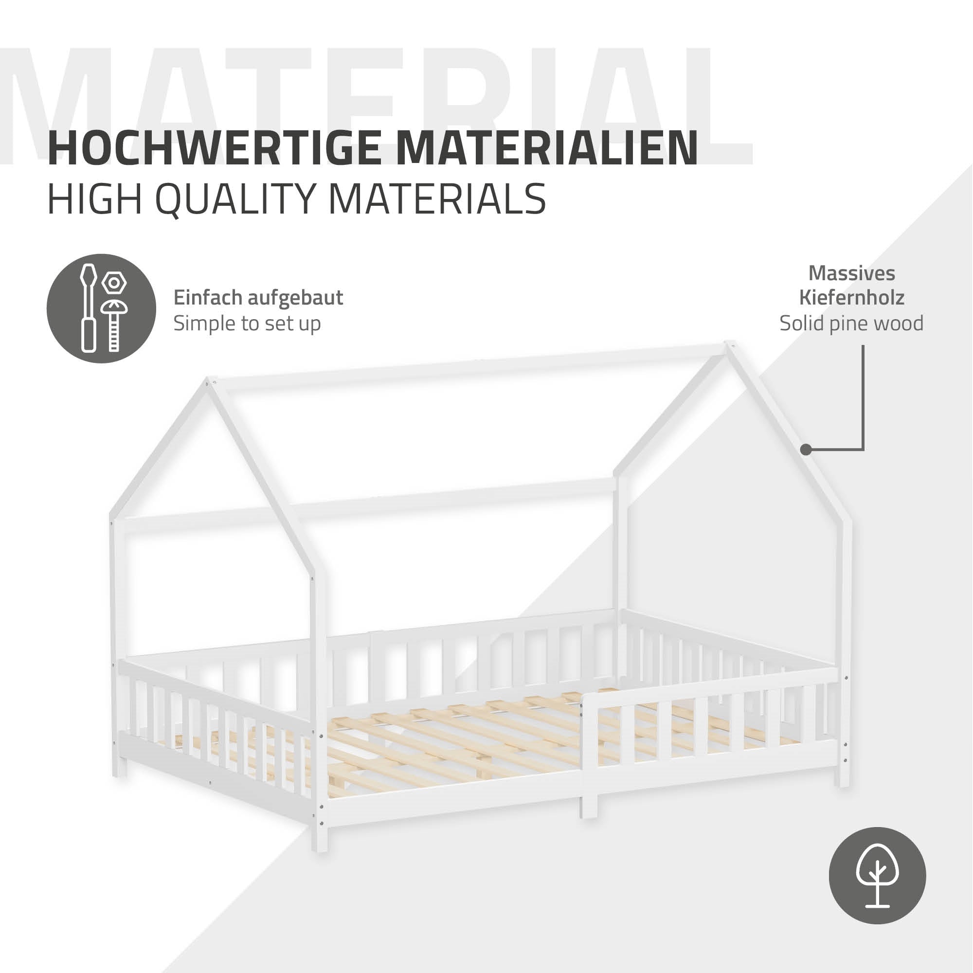 Ein Kinderbett aus massivem Kiefernholz mit slatted frame.