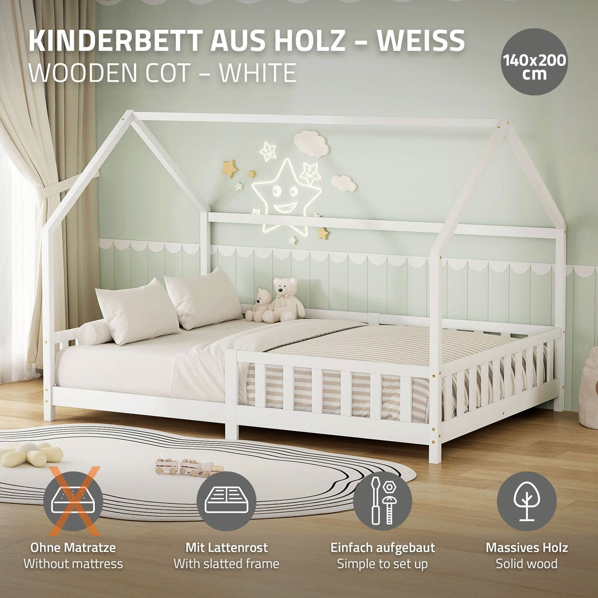Weißes Kinderbett aus Holz mit Matratze, einfach aufzubauen, mit stabiler Konstruktion.