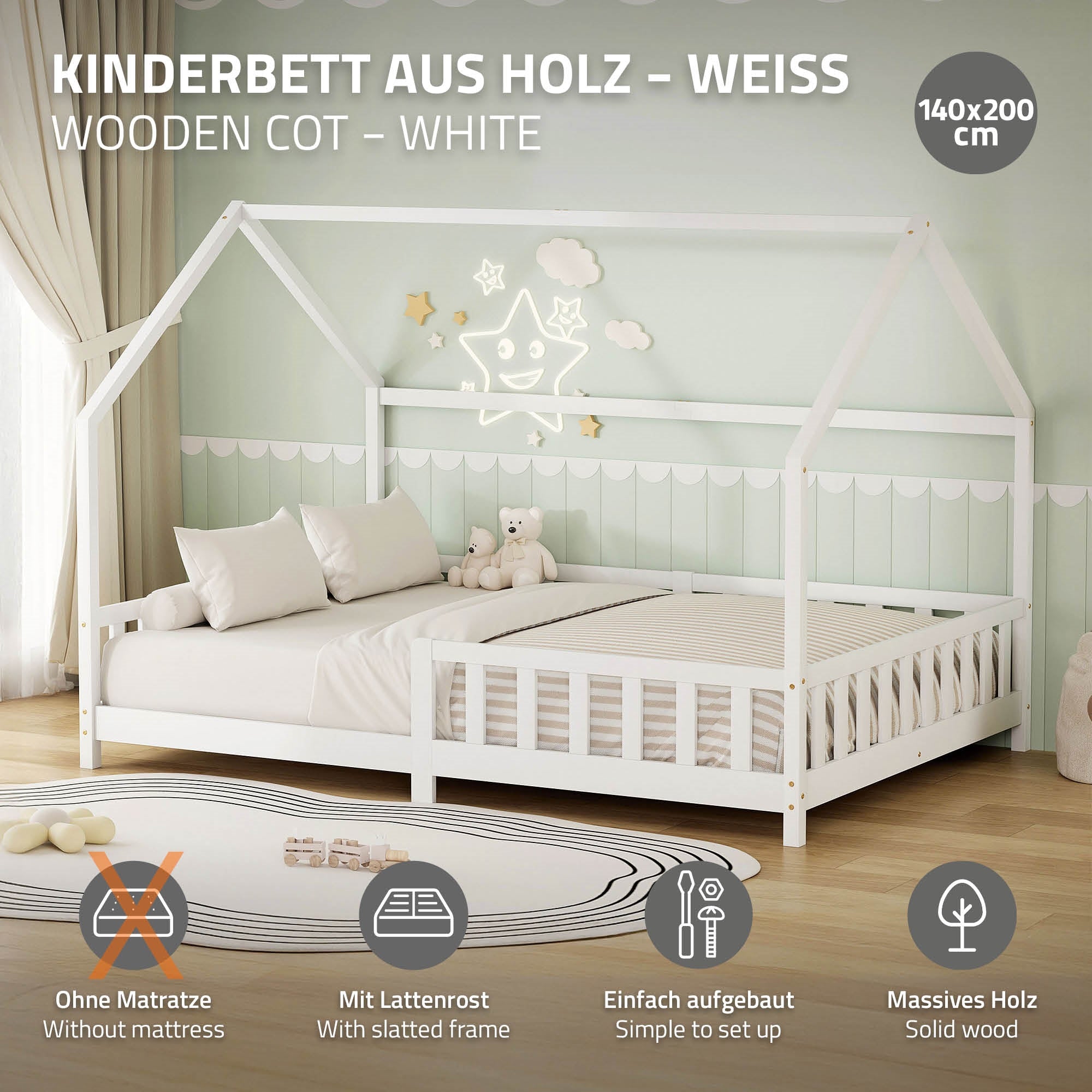 Weißes Kinderbett aus Holz mit Matratze, einfach aufzubauen, mit stabiler Konstruktion.