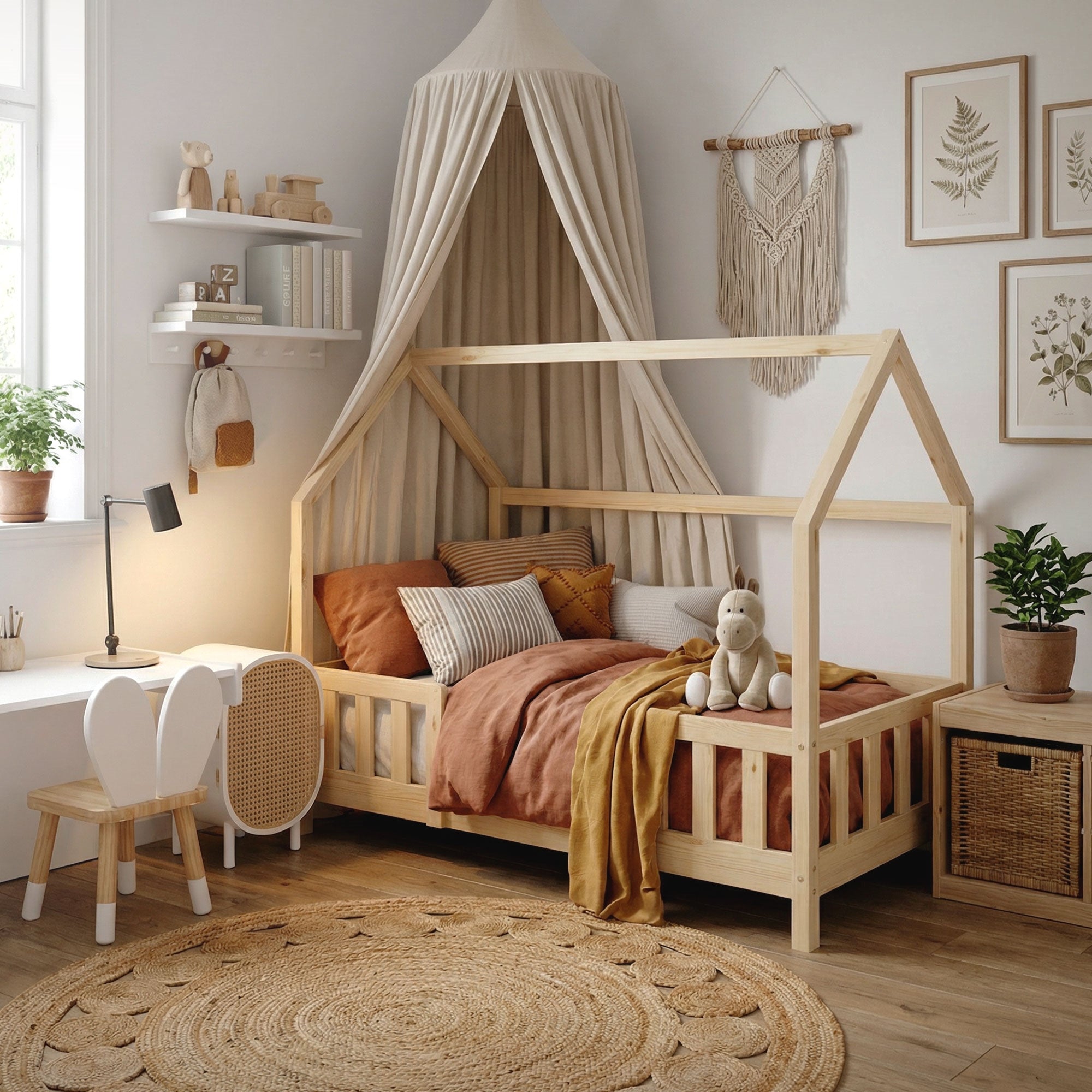 Children's room with wooden bed, cushions, and toys.
